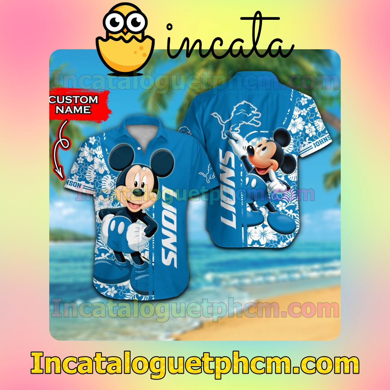 Personalized Detroit Lions & Mickey Mouse Beach Vacation Shirt, Swim Shorts