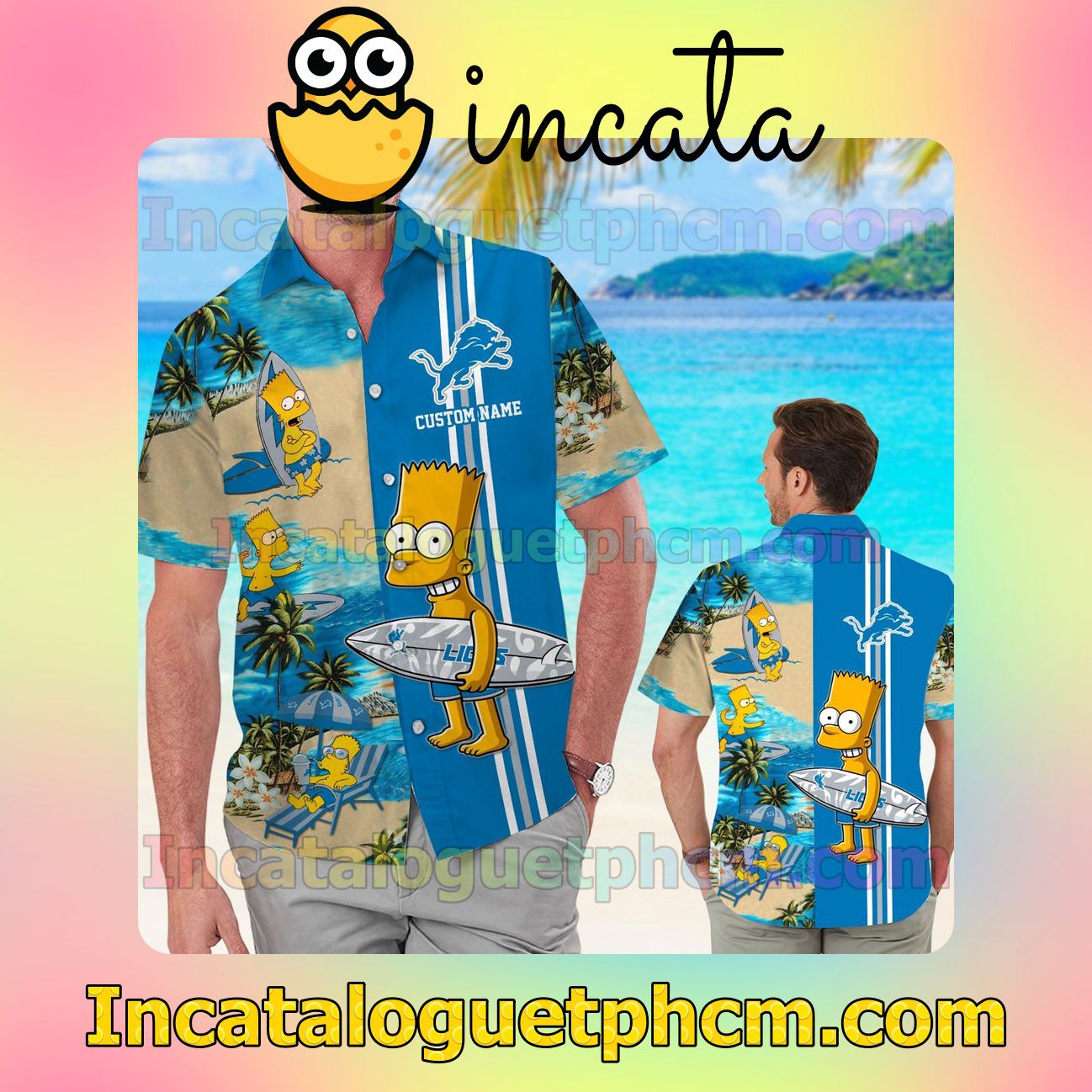 Personalized Detroit Lions Simpsons Beach Vacation Shirt, Swim Shorts
