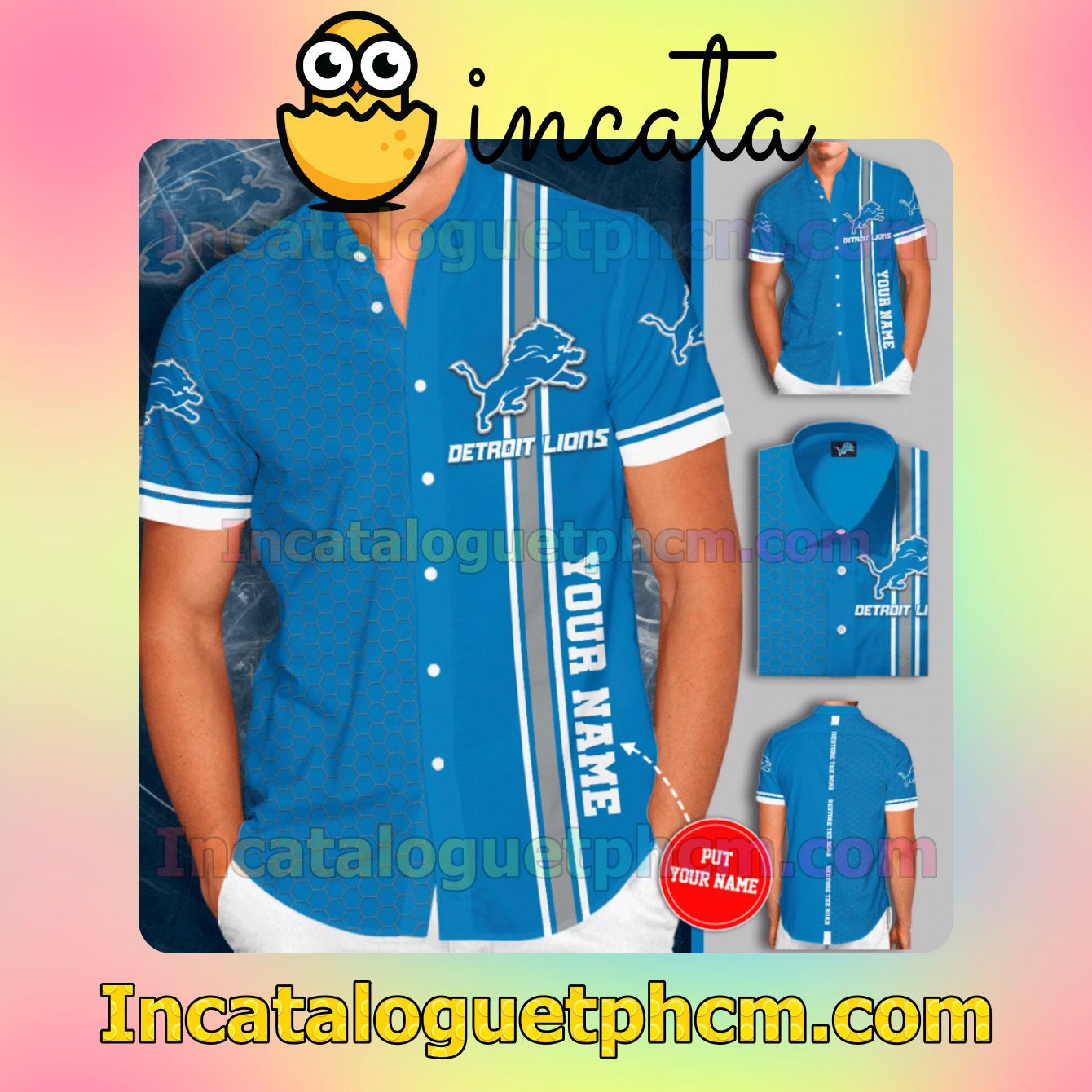 Personalized Detroit Lions Tiling Blue Button Shirt And Swim Trunk