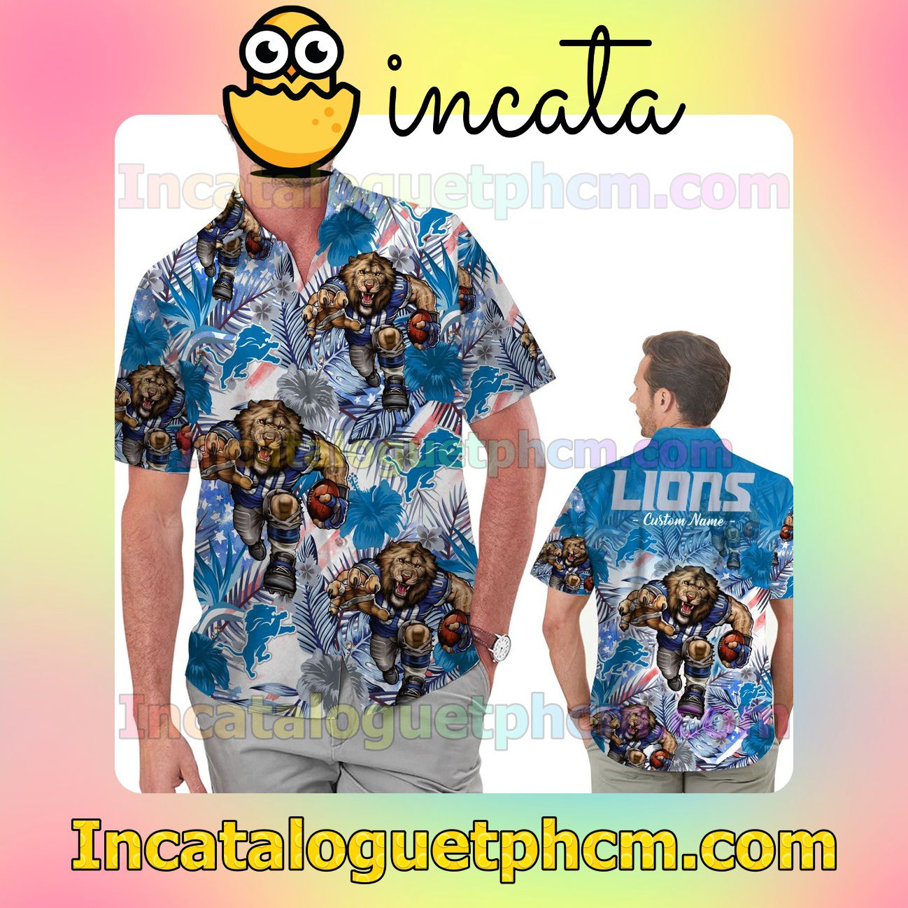 Personalized Detroit Lions Tropical Floral America Flag Aloha Beach Vacation Shirt, Swim Shorts
