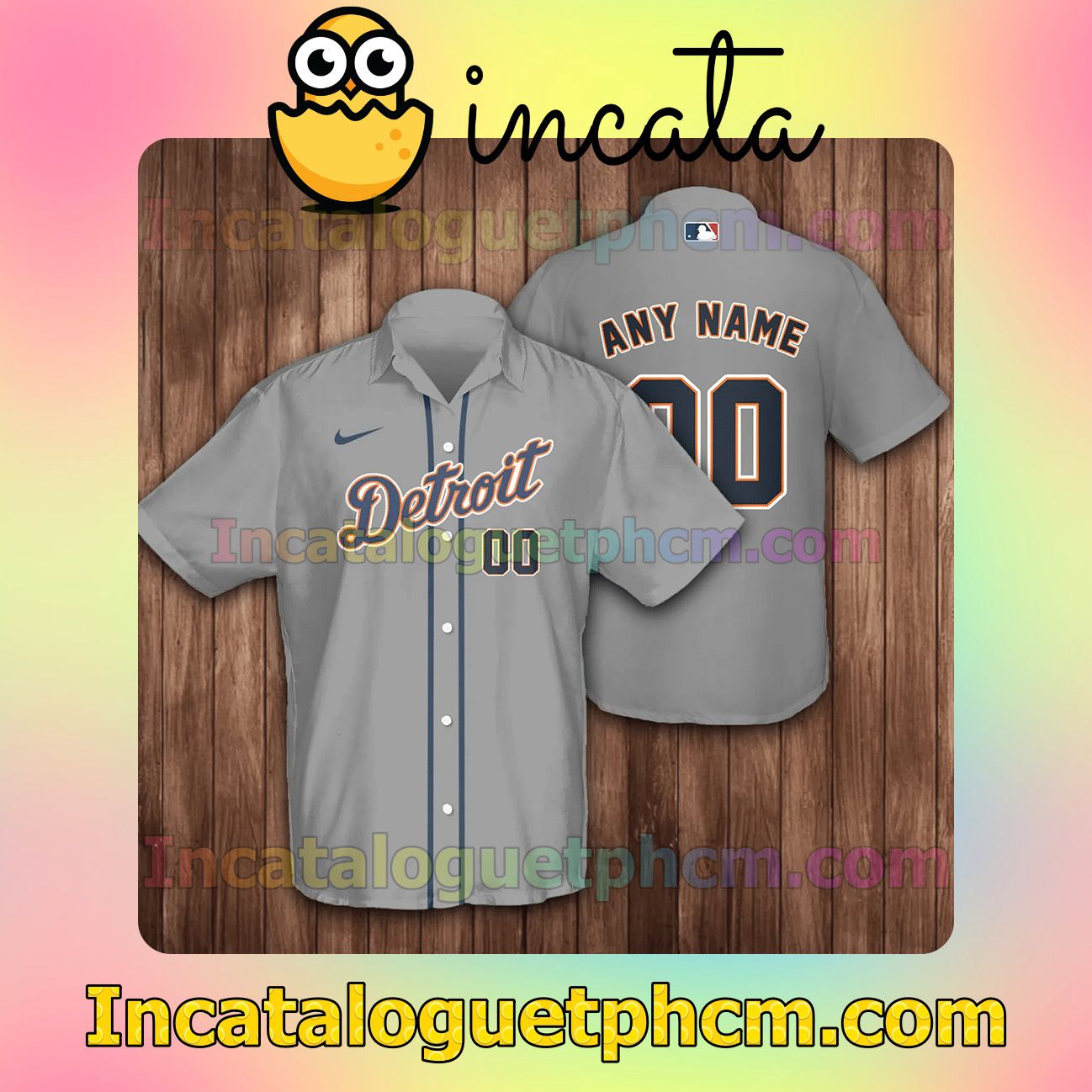 Personalized Detroit Tigers Baseball Grey Button Shirt And Swim Trunk