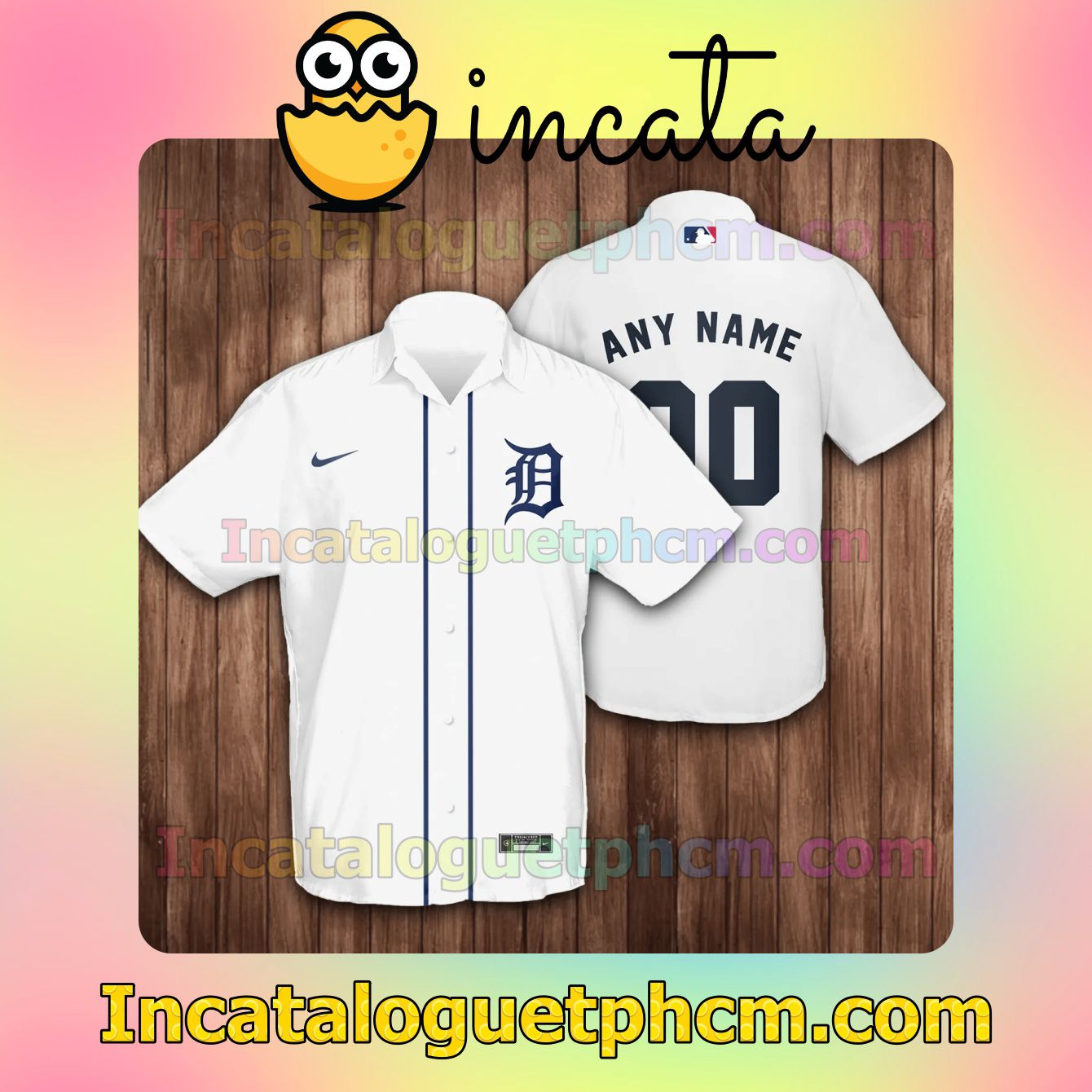 Personalized Detroit Tigers Baseball White Button Shirt And Swim Trunk