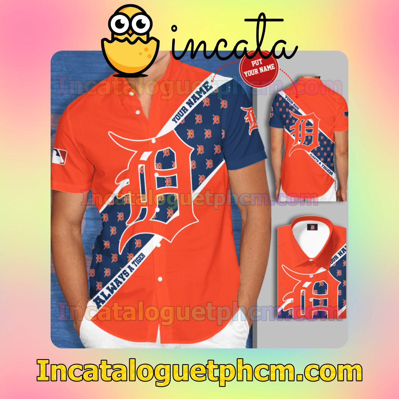 Personalized Detroit Tigers Logo Always Tiger Orange Cobalt Button Shirt And Swim Trunk