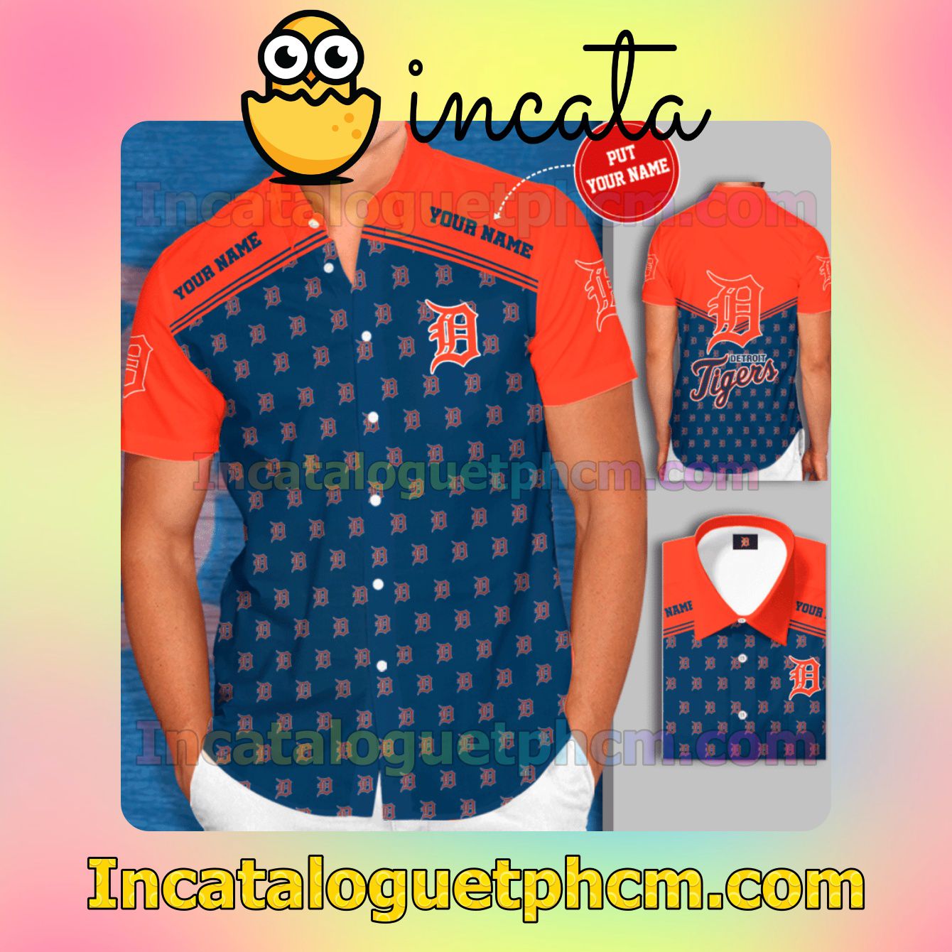 Personalized Detroit Tigers Logo Cobalt Orange Button Shirt And Swim Trunk