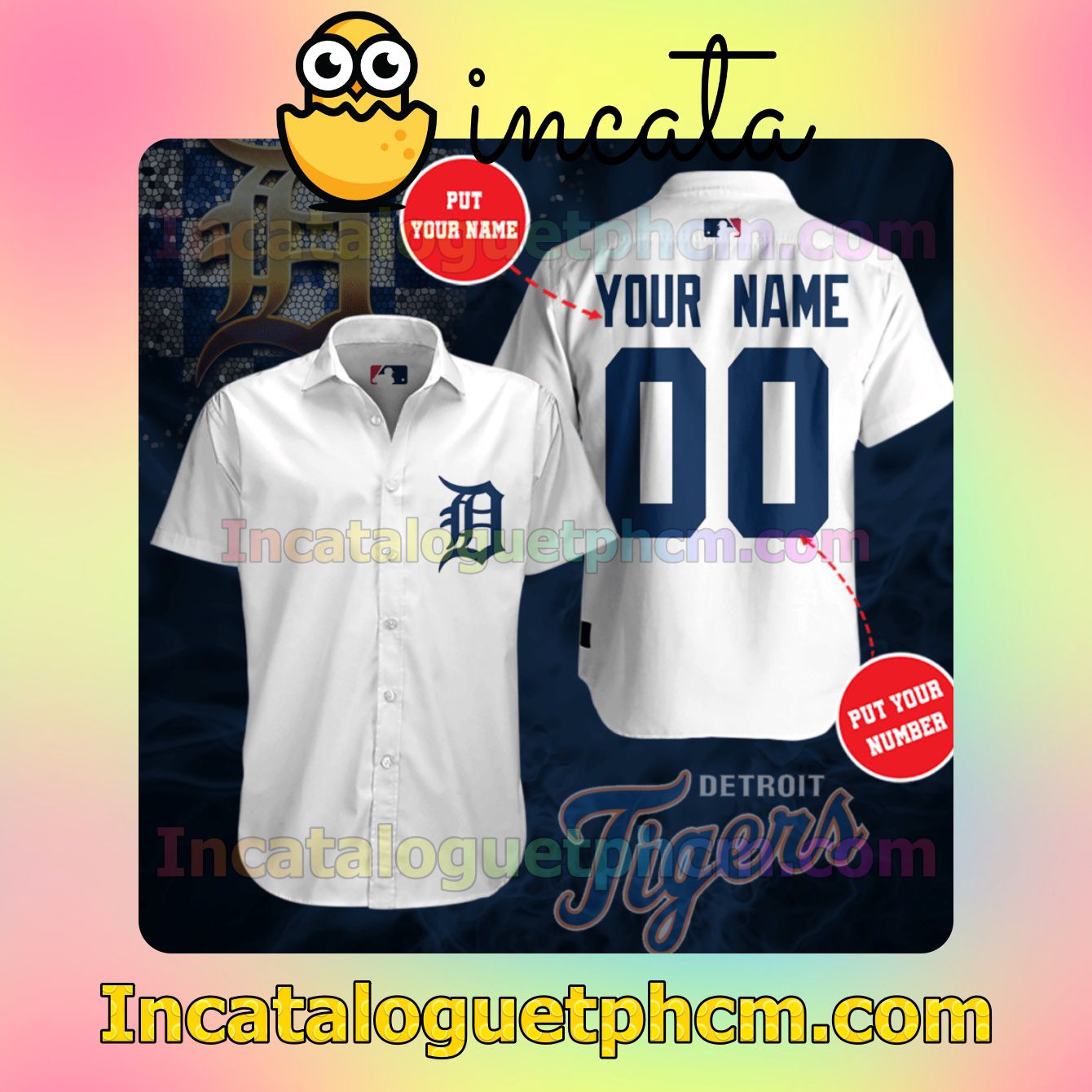 Personalized Detroit Tigers White Button Shirt And Swim Trunk
