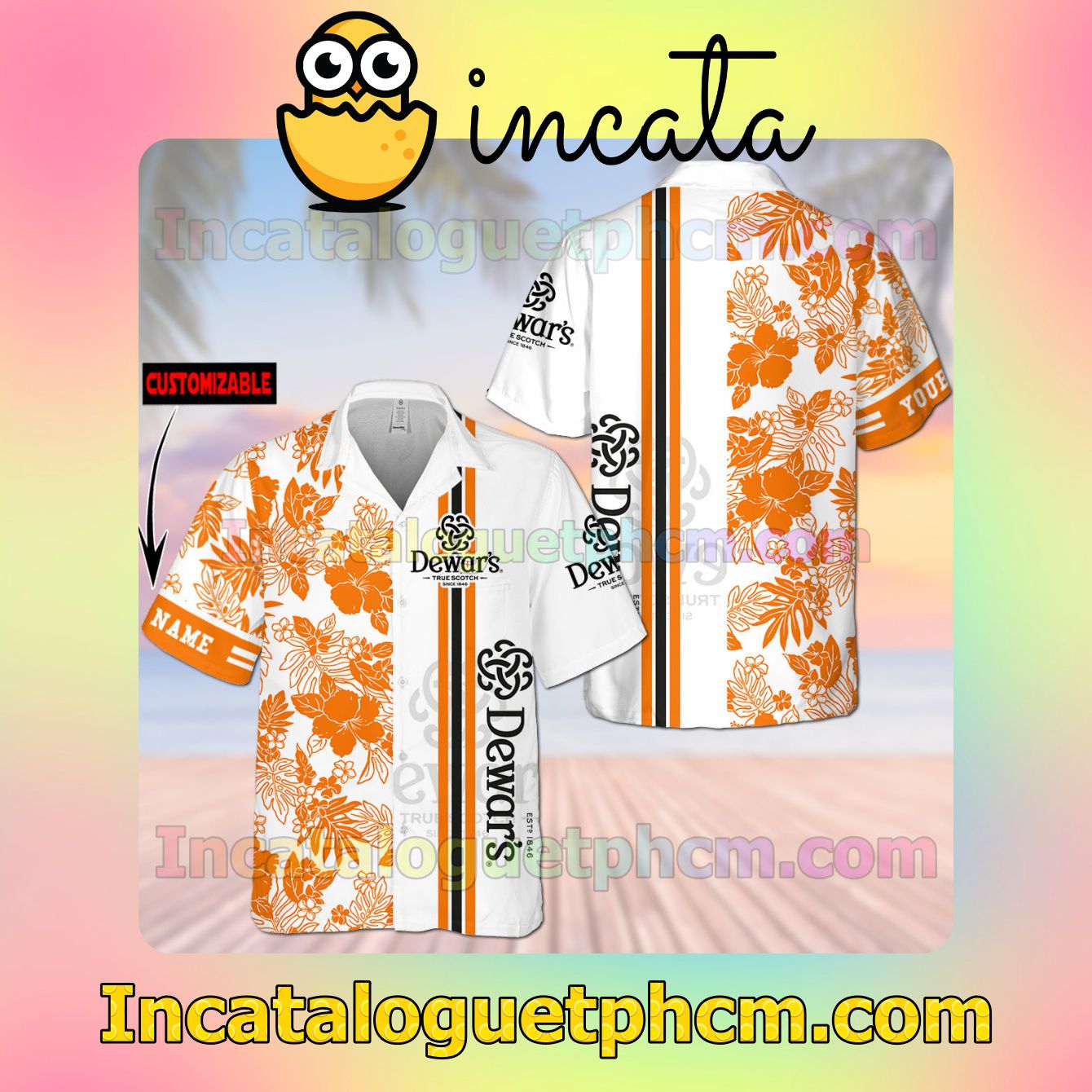 Personalized Dewar's Flower White Orange Button Shirt And Swim Trunk