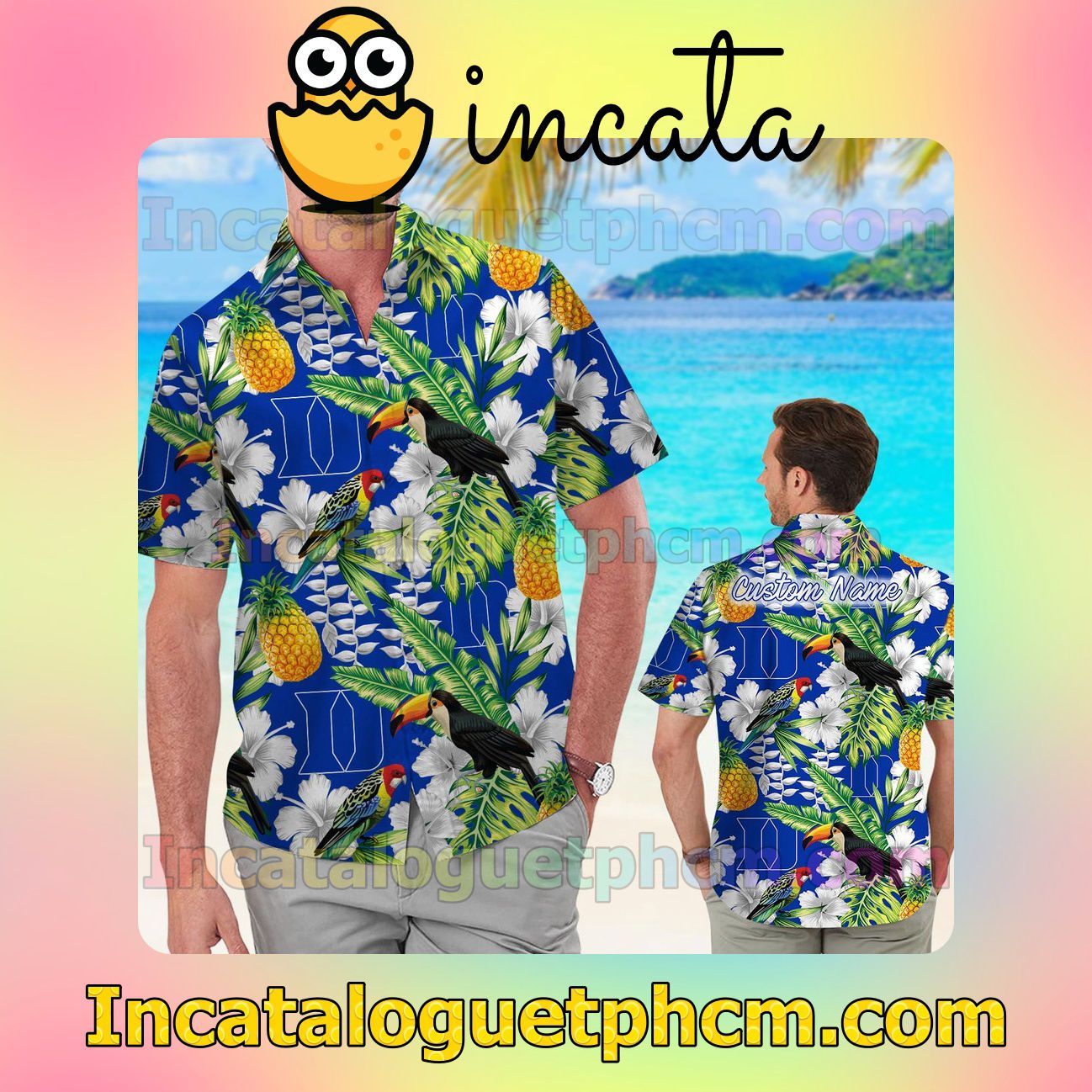Personalized Duke Blue Devils Parrot Floral Tropical Beach Vacation Shirt, Swim Shorts