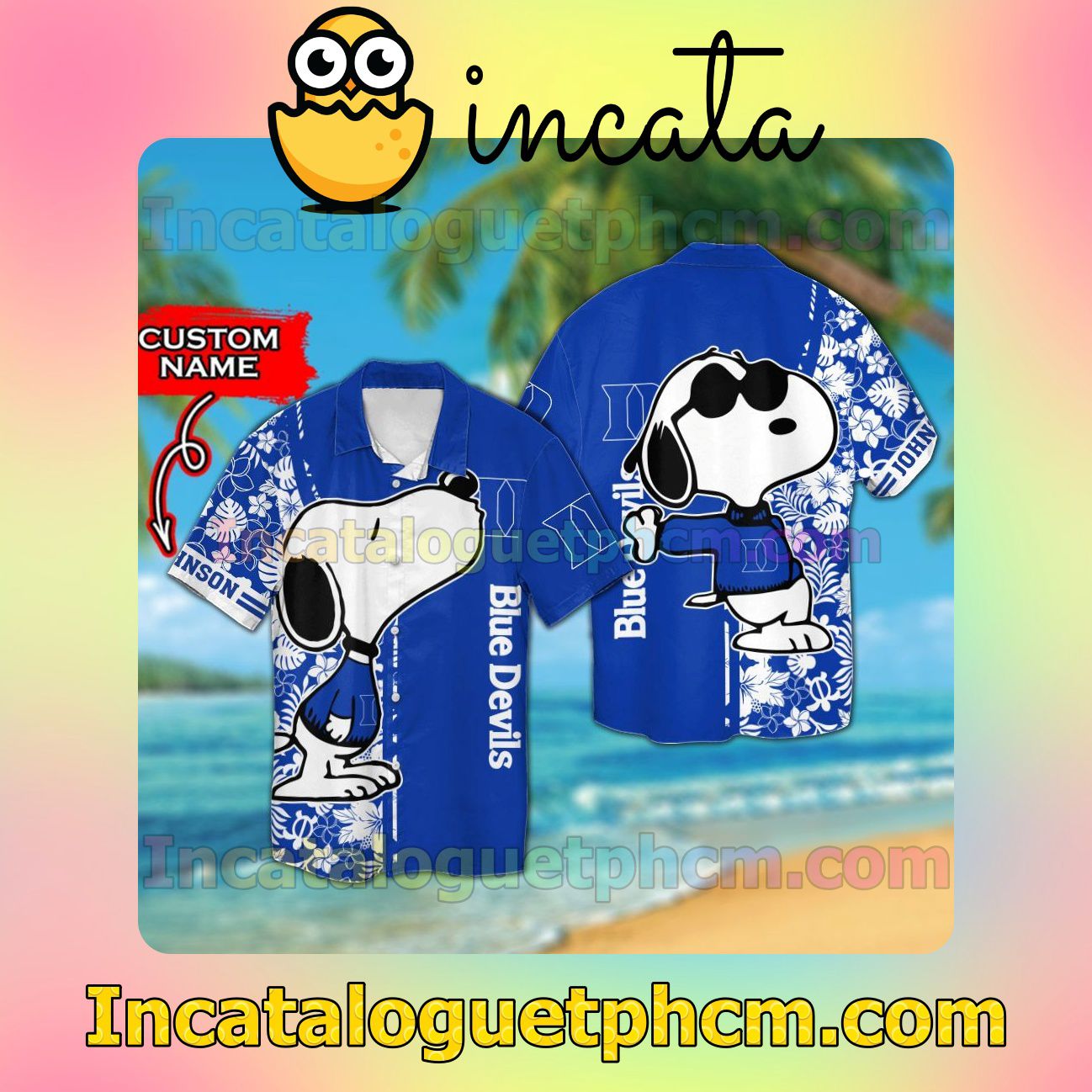 Personalized Duke Blue Devils & Snoopy Beach Vacation Shirt, Swim Shorts