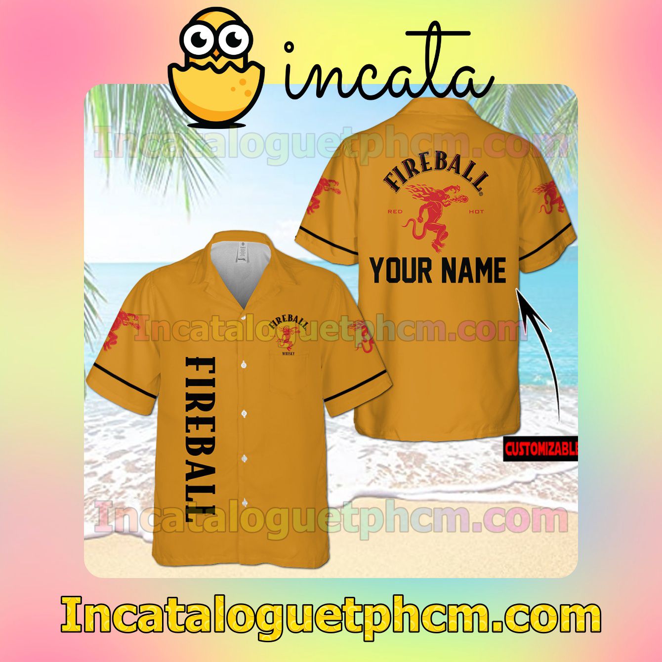 Personalized Fireball Cinnamon Whisky Yellow Button Shirt And Swim Trunk