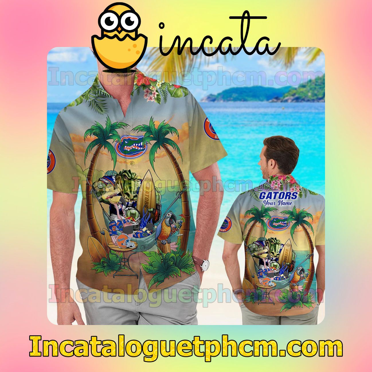Personalized Florida Gators Flamingo Parrot Beach Vacation Shirt, Swim Shorts
