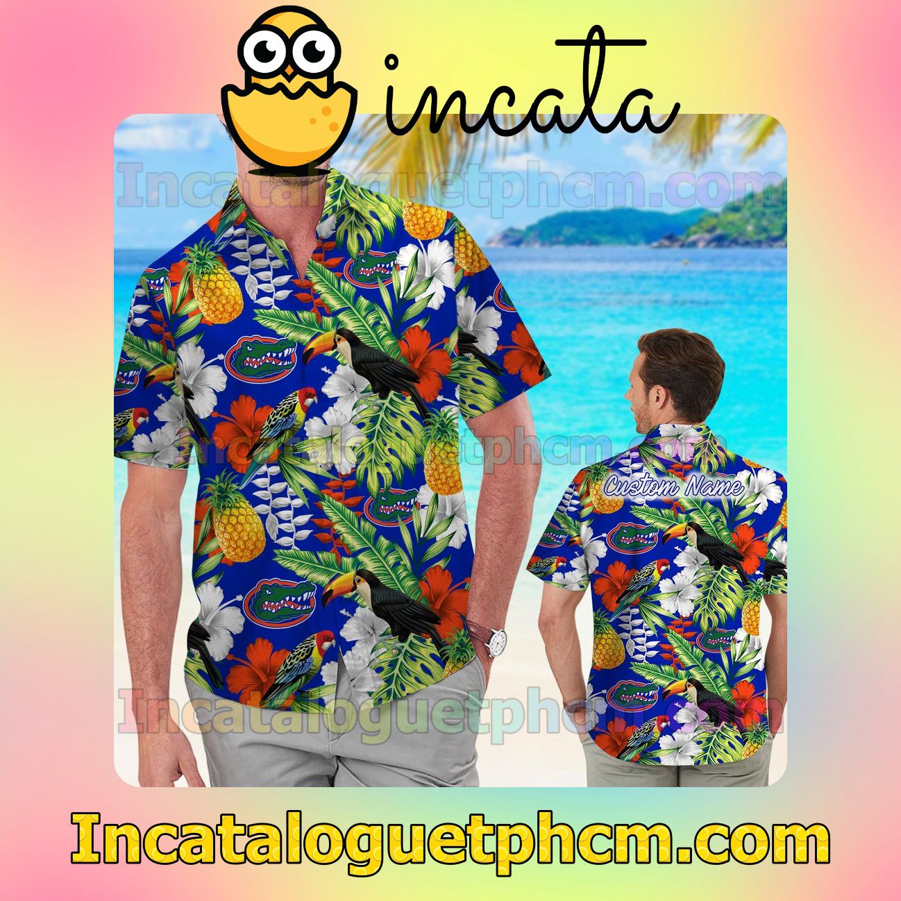 Personalized Florida Gators Parrot Floral Tropical Beach Vacation Shirt, Swim Shorts