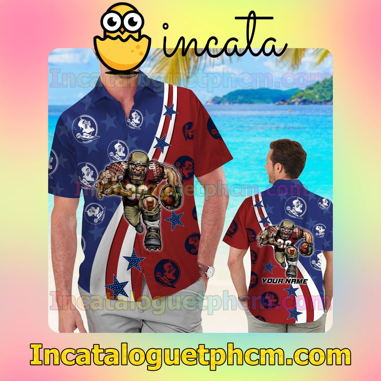 Personalized Florida State Seminoles American Flag Beach Vacation Shirt, Swim Shorts