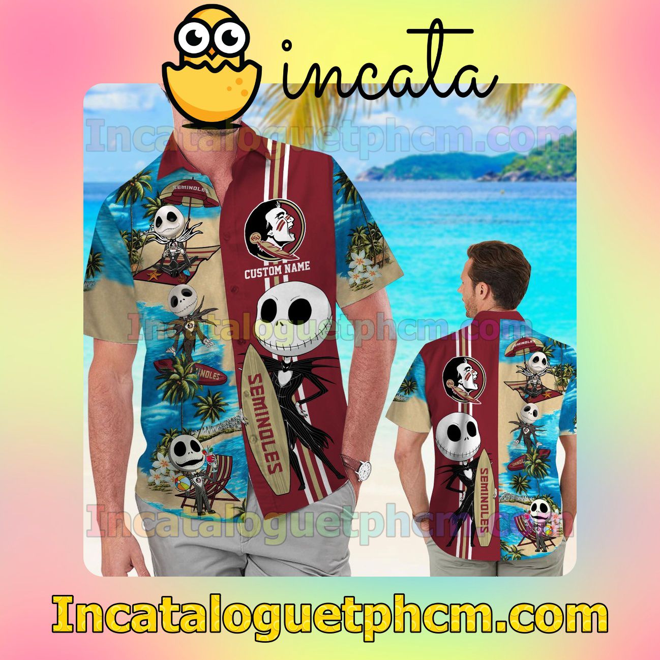 Personalized Florida State Seminoles Jack Skellington Beach Vacation Shirt, Swim Shorts