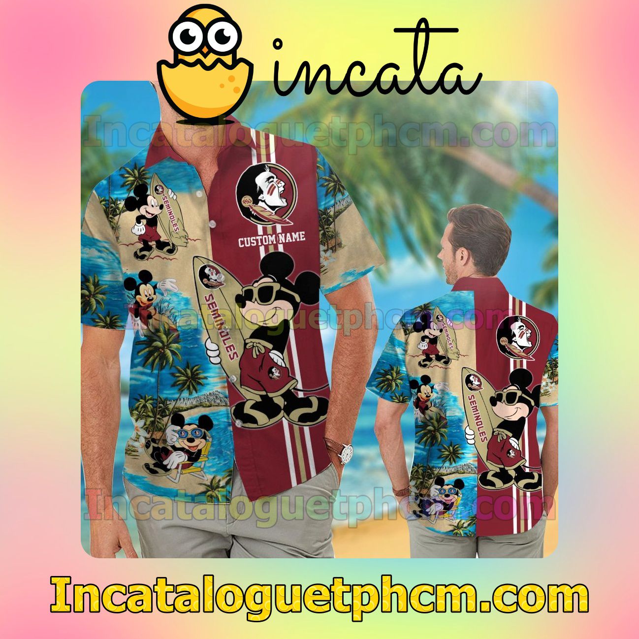 Personalized Florida State Seminoles Mickey Beach Vacation Shirt, Swim Shorts
