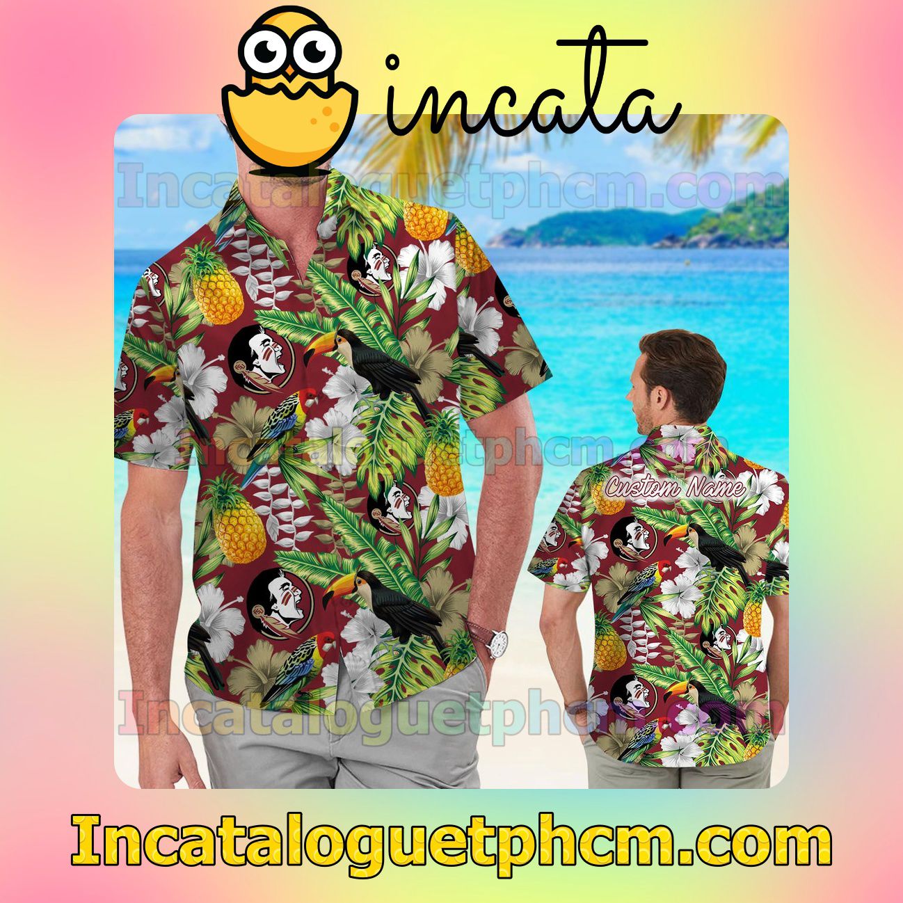 Personalized Florida State Seminoles Parrot Floral Tropical Beach Vacation Shirt, Swim Shorts