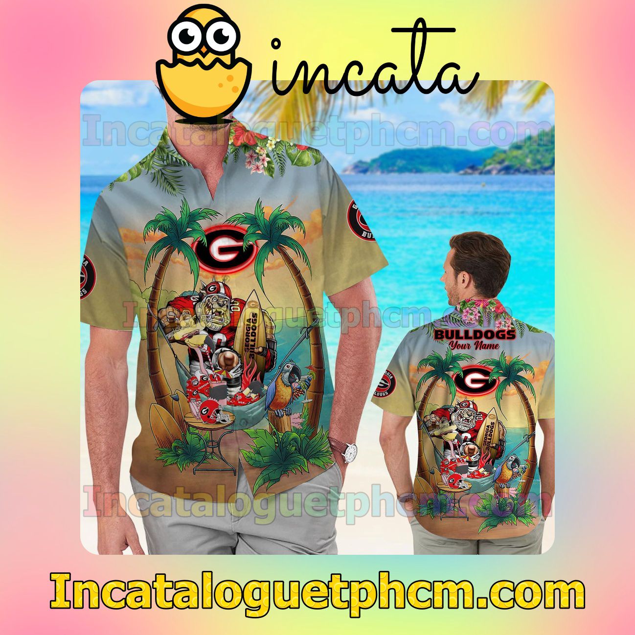 Personalized Georgia Bulldogs Flamingo Parrot Beach Vacation Shirt, Swim Shorts