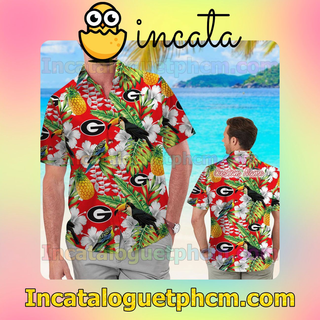 Personalized Georgia Bulldogs Parrot Floral Tropical Beach Vacation Shirt, Swim Shorts