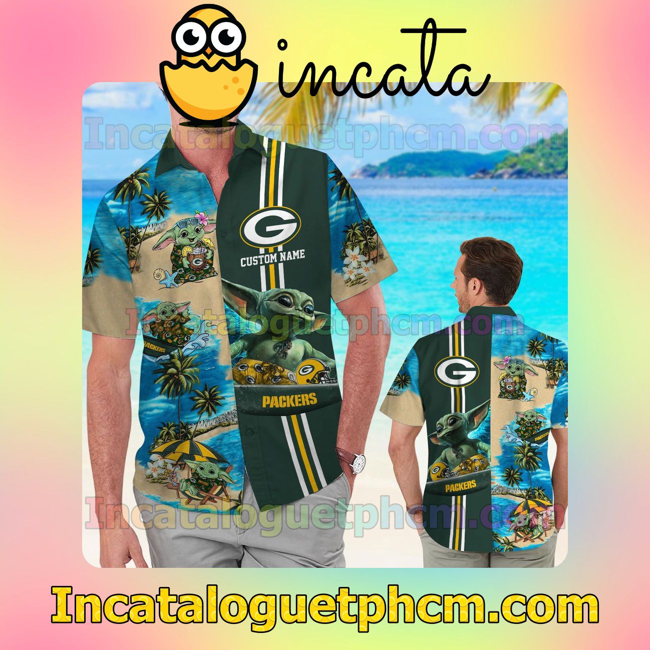 Personalized Green Bay Packers Baby Yoda Beach Vacation Shirt, Swim Shorts