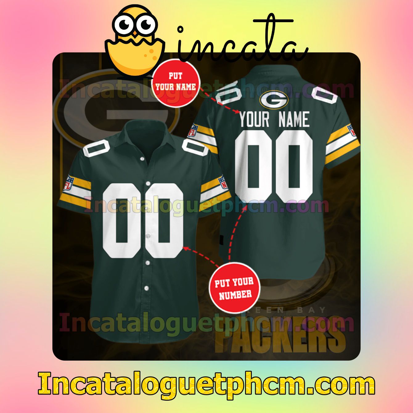 Personalized Green Bay Packers Football Team Green Button Shirt And Swim Trunk