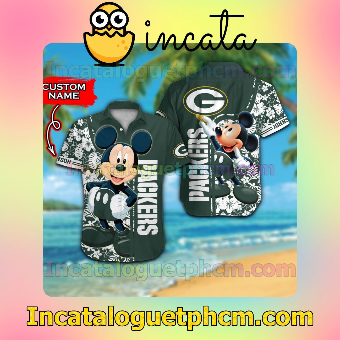 Personalized Green Bay Packers & Mickey Mouse Beach Vacation Shirt, Swim Shorts