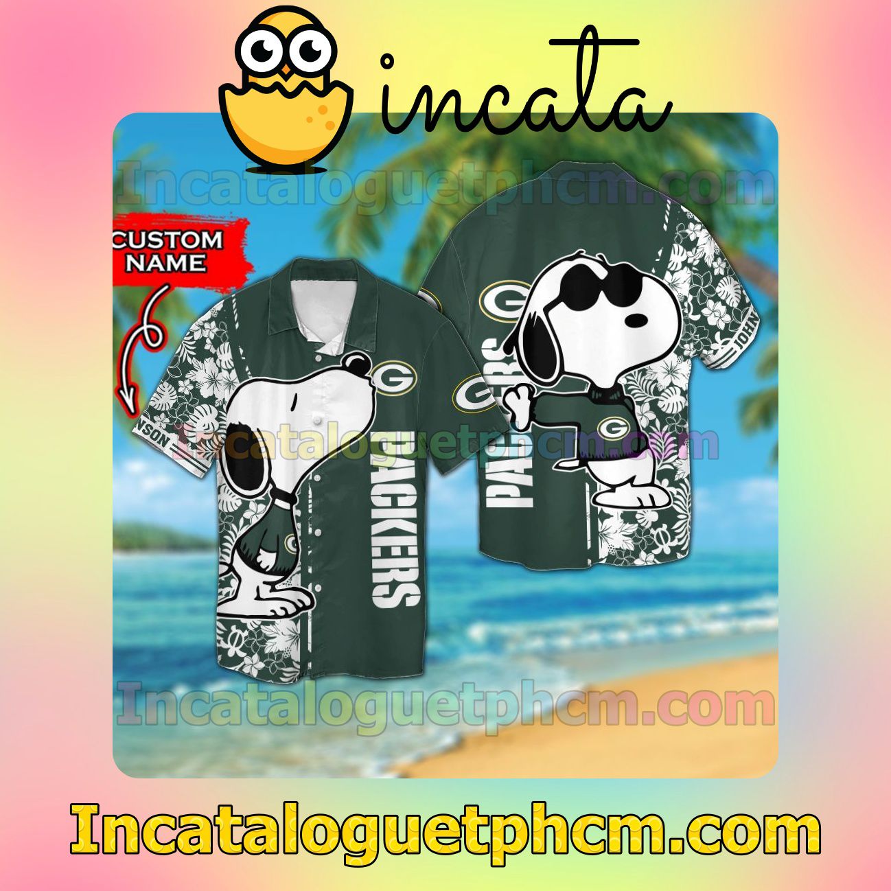 Personalized Green Bay Packers & Snoopy Beach Vacation Shirt, Swim Shorts