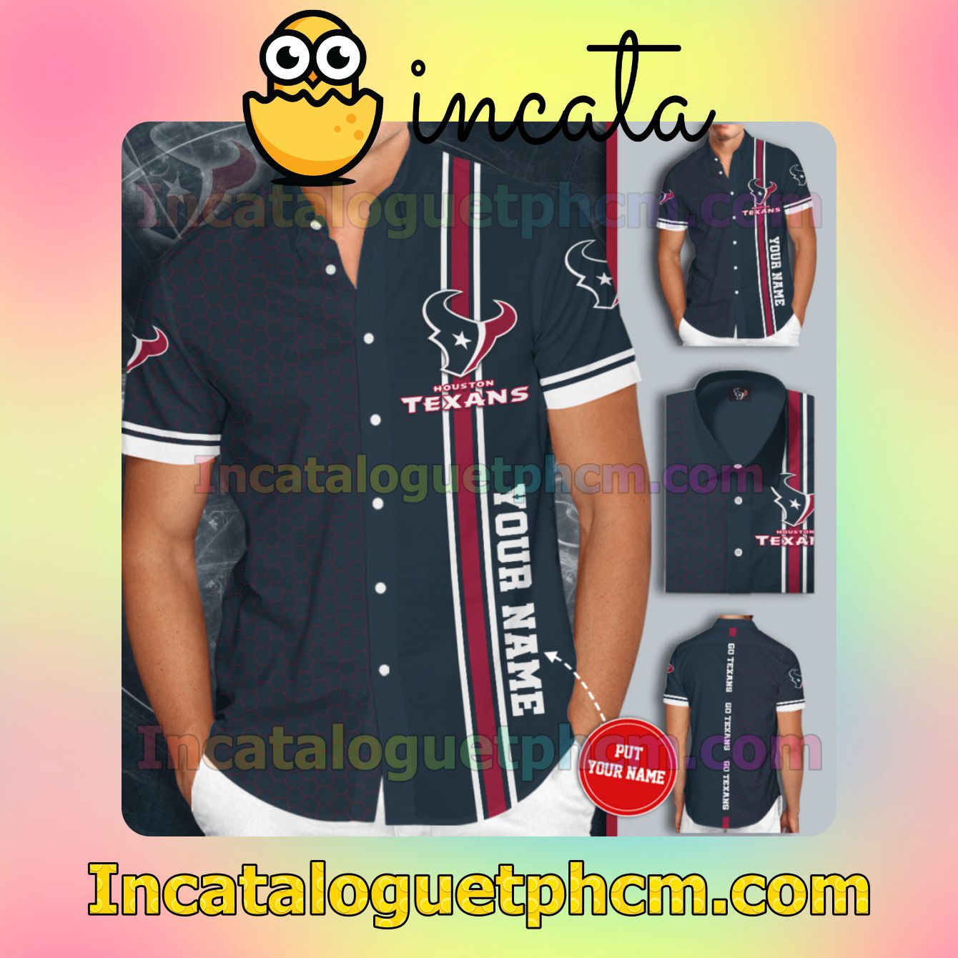 Personalized Houston Texans Tiling Navy Button Shirt And Swim Trunk
