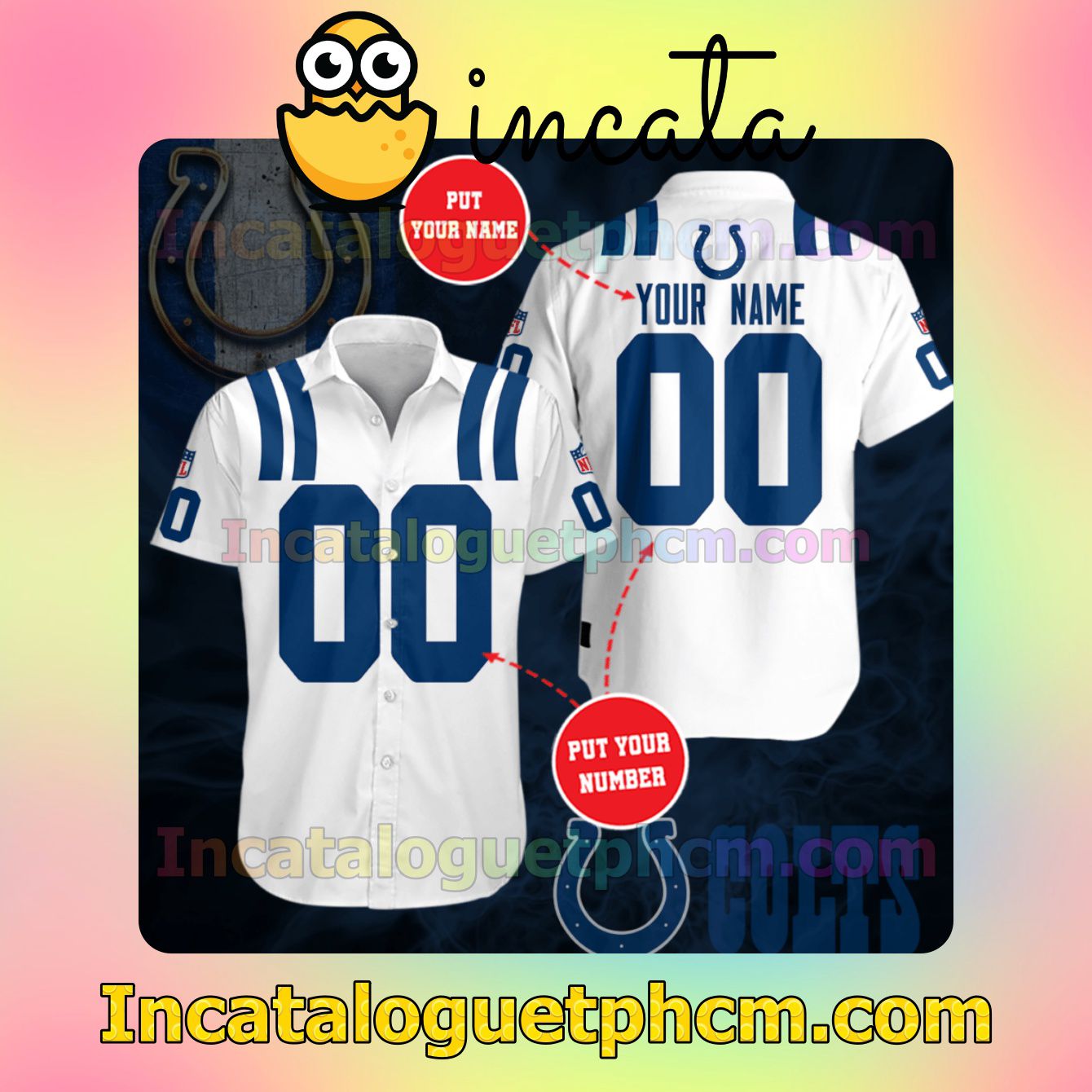 Personalized Indianapolis Colts White Button Shirt And Swim Trunk