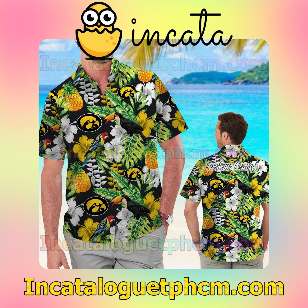Personalized Iowa Hawkeyes Parrot Floral Tropical Beach Vacation Shirt, Swim Shorts