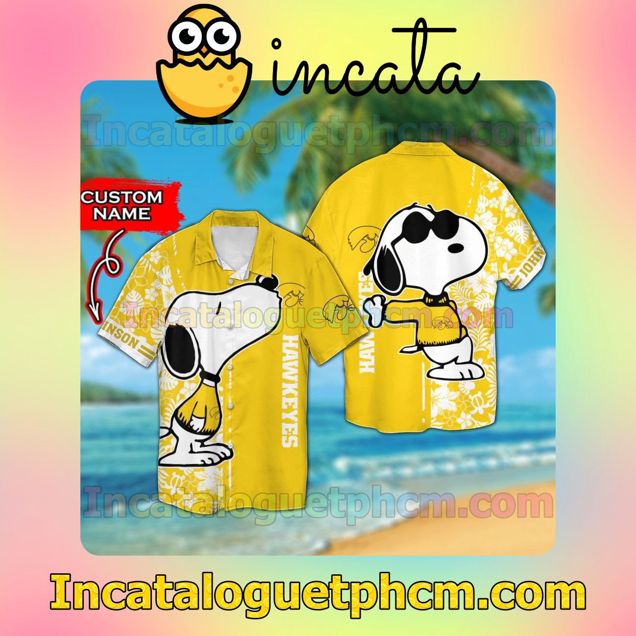 Personalized Iowa Hawkeyes & Snoopy Beach Vacation Shirt, Swim Shorts