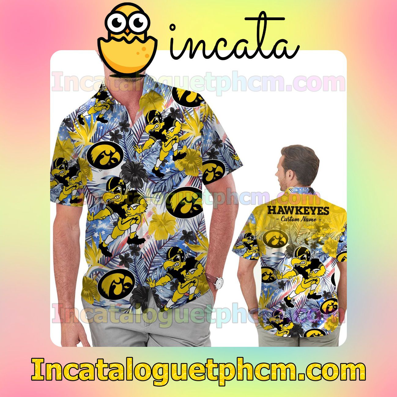 Personalized Iowa Hawkeyes Tropical Floral America Flag For NCAA Football Lovers Beach Vacation Shirt, Swim Shorts