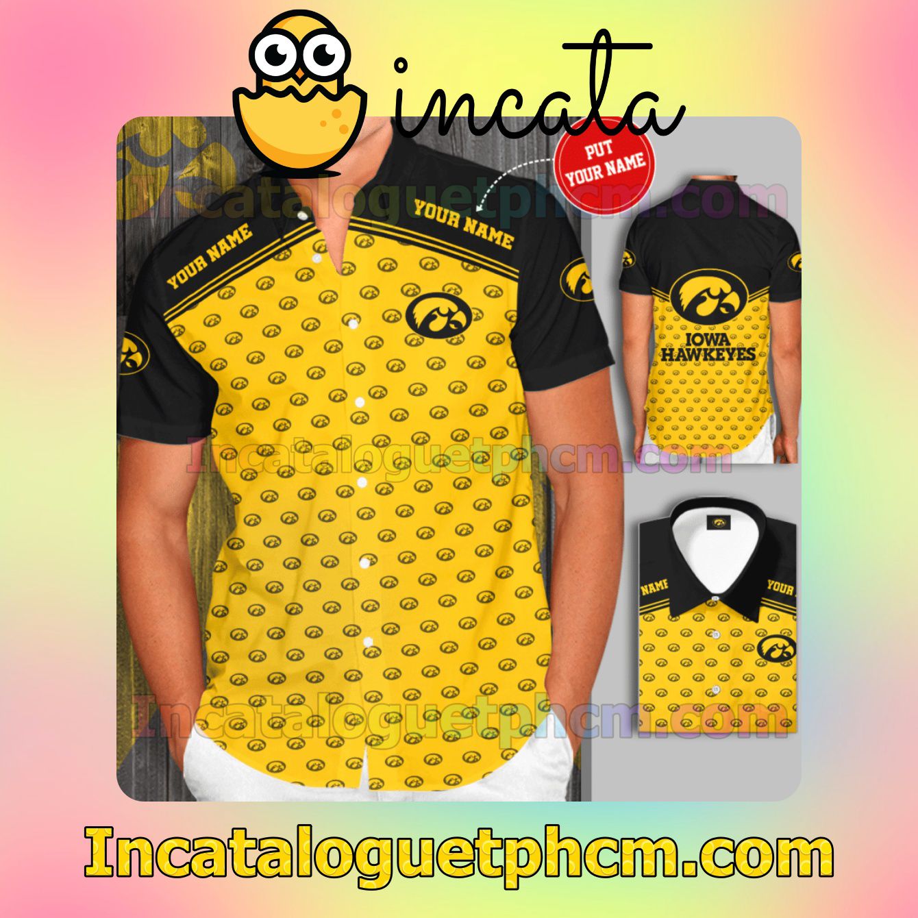 Personalized Iowa Hawkeyes Yellow Black Button Shirt And Swim Trunk