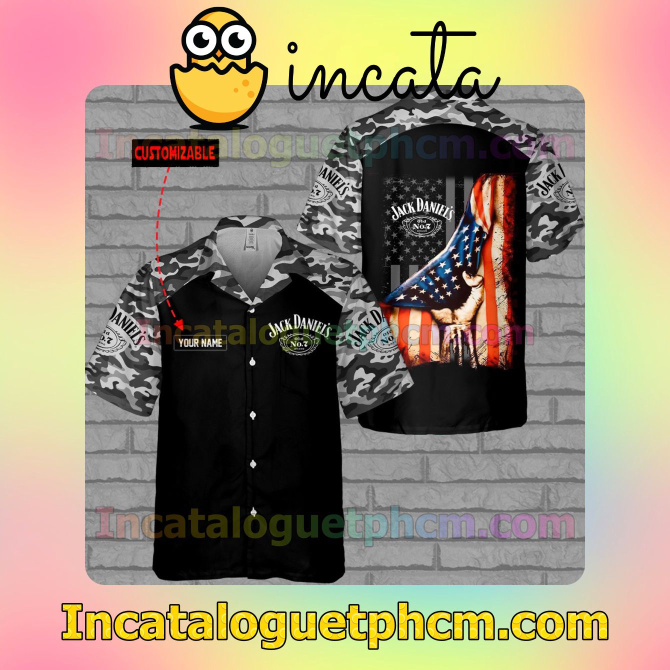 Personalized Jack Daniel's Usa Flag Camo Black Button Shirt And Swim Trunk