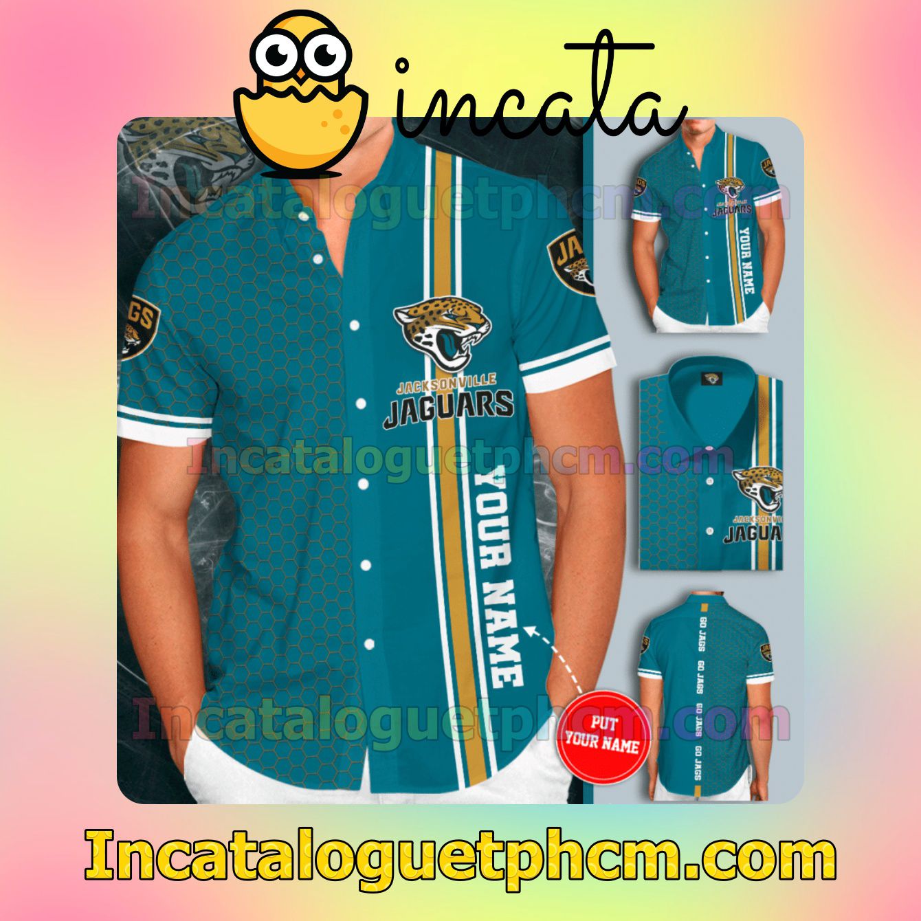 Personalized Jacksonville Jaguars Go Jags Tiling Teal Button Shirt And Swim Trunk