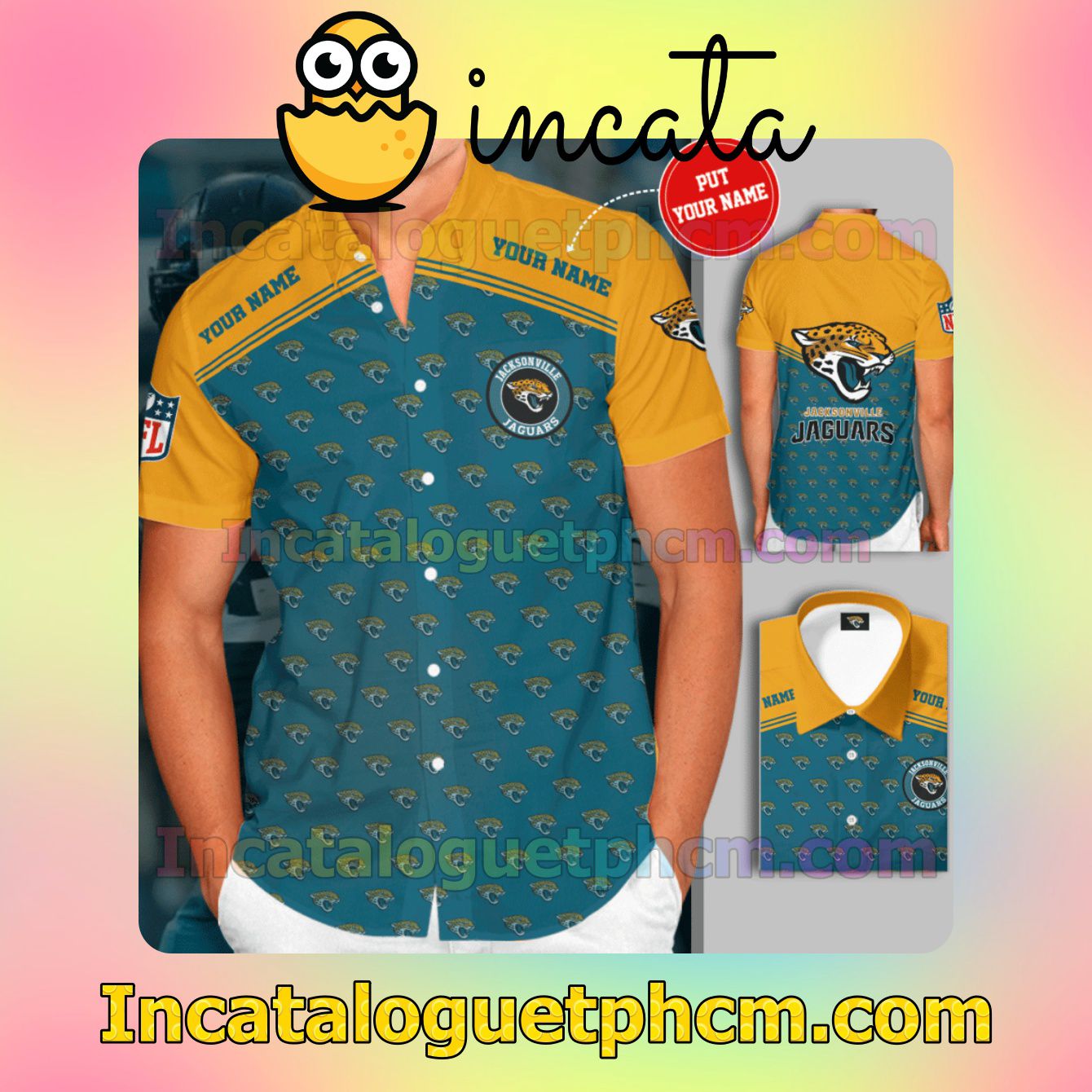 Personalized Jacksonville Jaguars Logo Teal Yellow Button Shirt And Swim Trunk