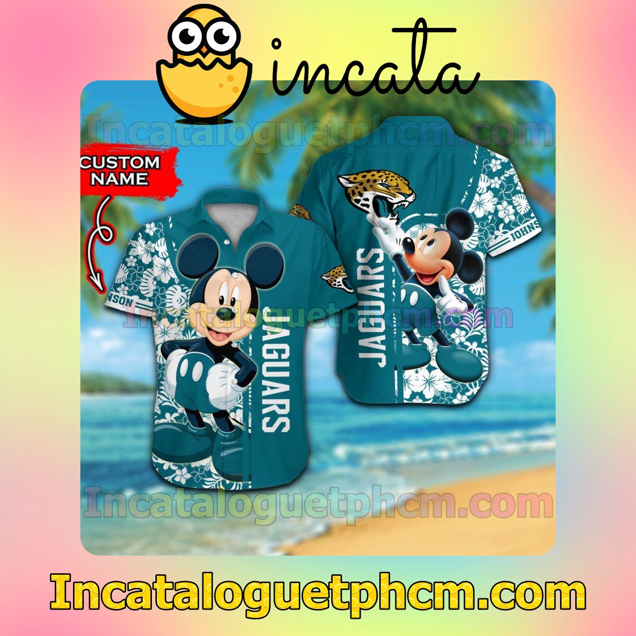 Personalized Jacksonville Jaguars & Mickey Mouse Beach Vacation Shirt, Swim Shorts