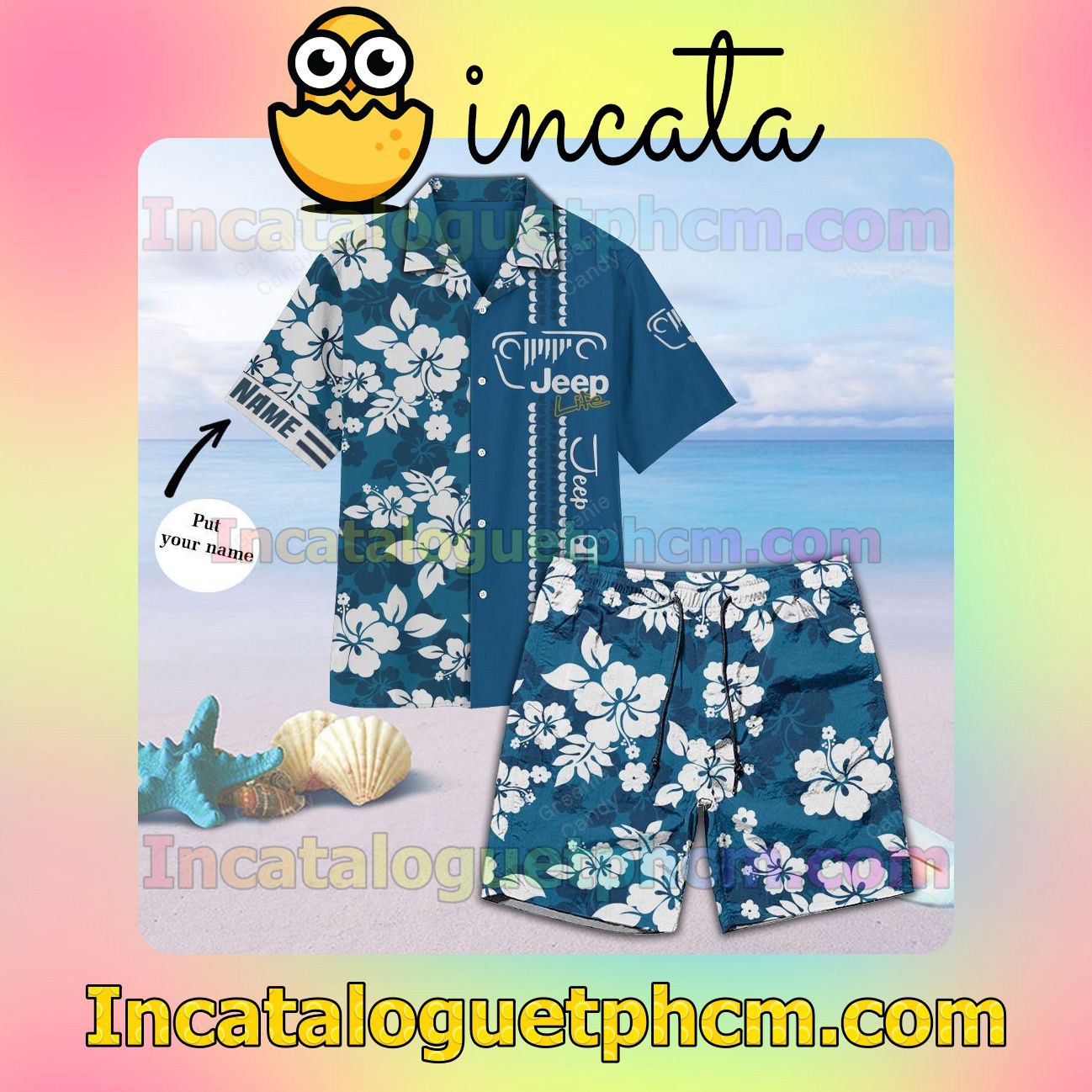 Personalized Jeep Floral Unisex Blue Button Shirt And Swim Trunk