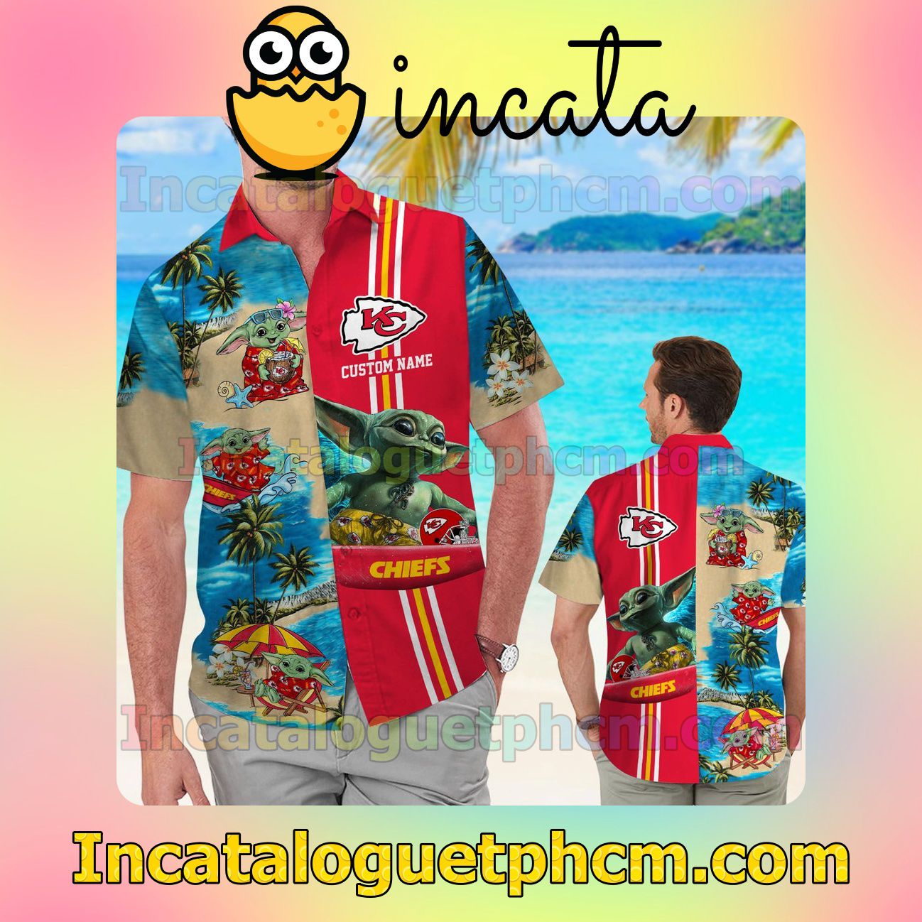 Personalized Kansas City Chiefs Baby Yoda Beach Vacation Shirt, Swim Shorts