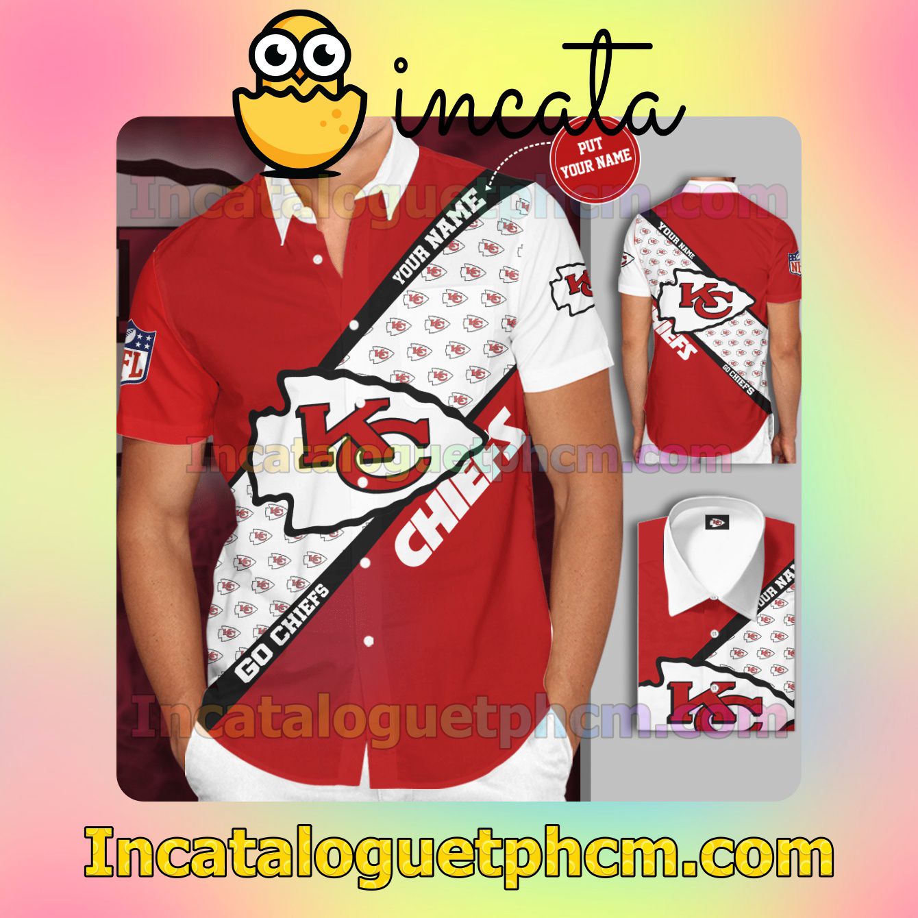 Personalized Kansas City Chiefs Big Logo Go Chiefs Red White Button Shirt And Swim Trunk