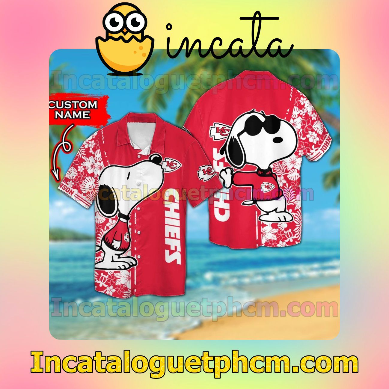 Personalized Kansas City Chiefs & Snoopy Beach Vacation Shirt, Swim Shorts