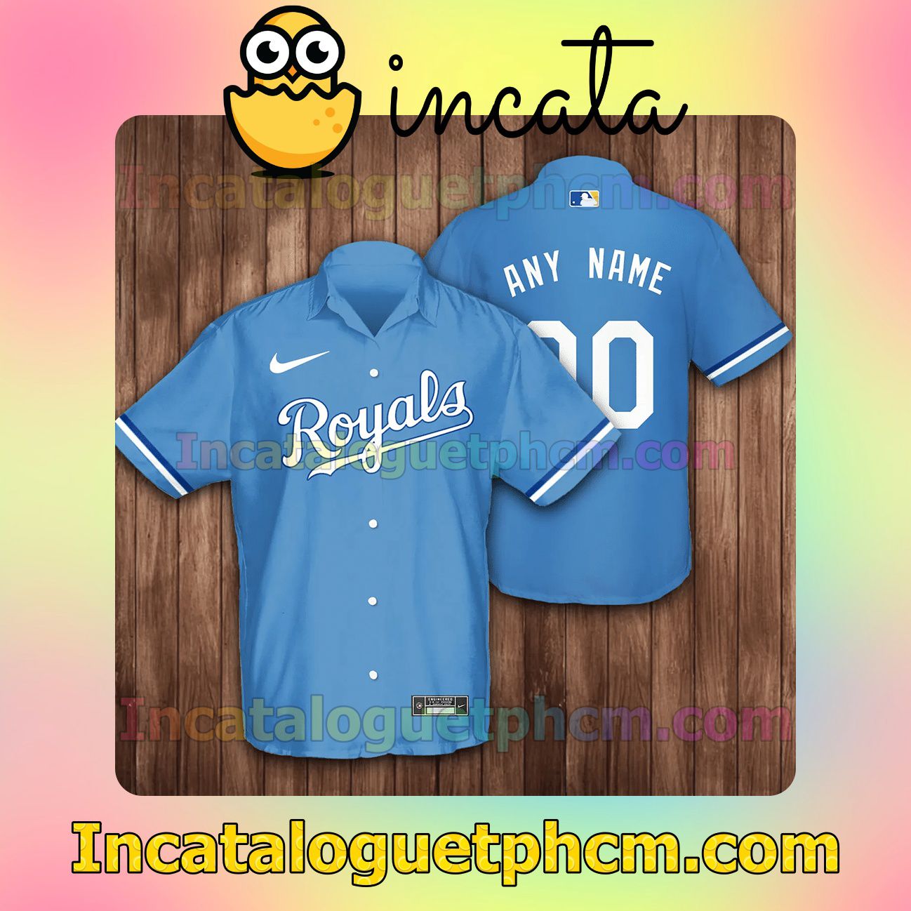 Personalized Kansas City Royals Baseball Blue Button Shirt And Swim Trunk