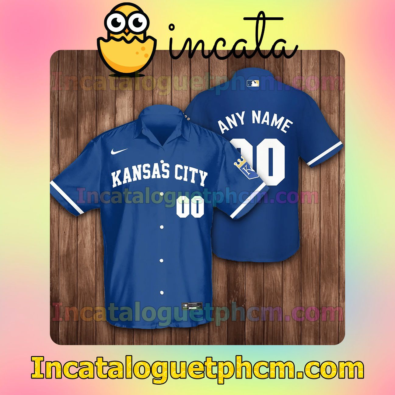 Personalized Kansas City Royals Baseball Blue Logo Branded Button Shirt And Swim Trunk