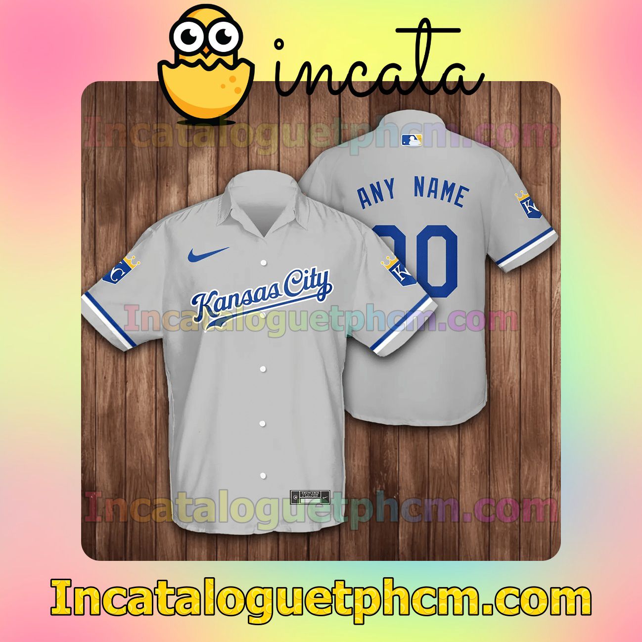 Personalized Kansas City Royals Baseball Gray Button Shirt And Swim Trunk