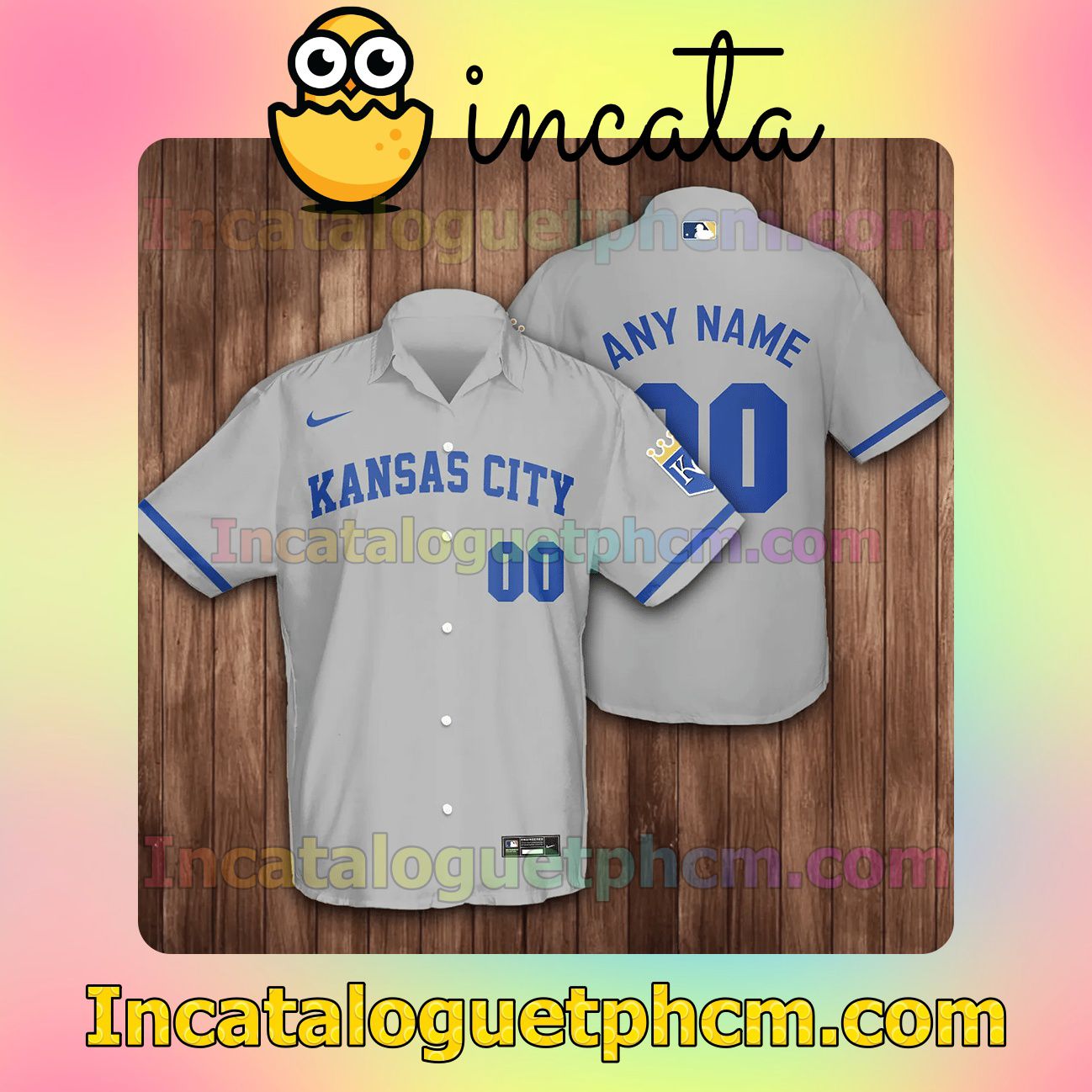 Personalized Kansas City Royals Baseball Grey Button Shirt And Swim Trunk