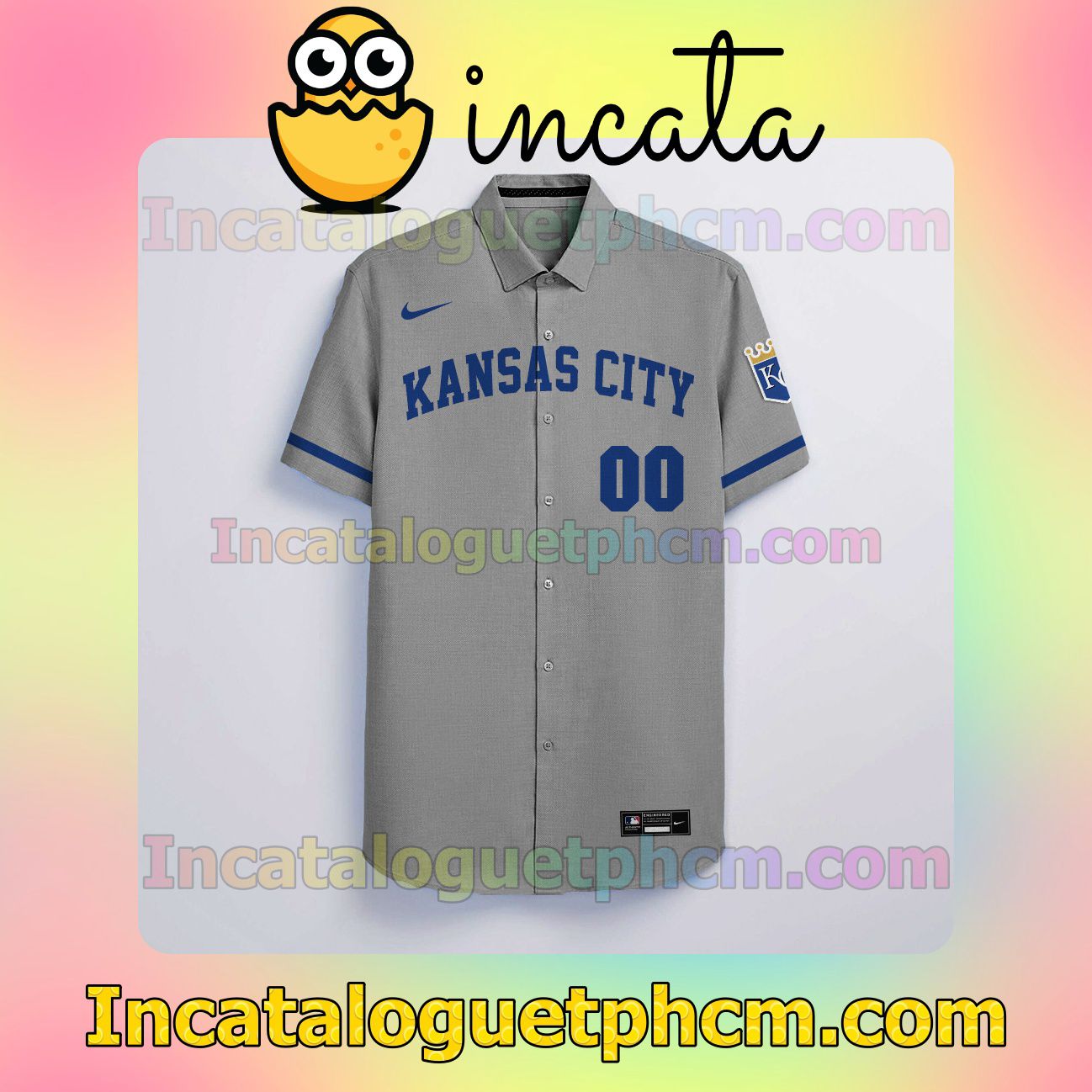 Personalized Kansas City Royals Gray Button Shirt And Swim Trunk