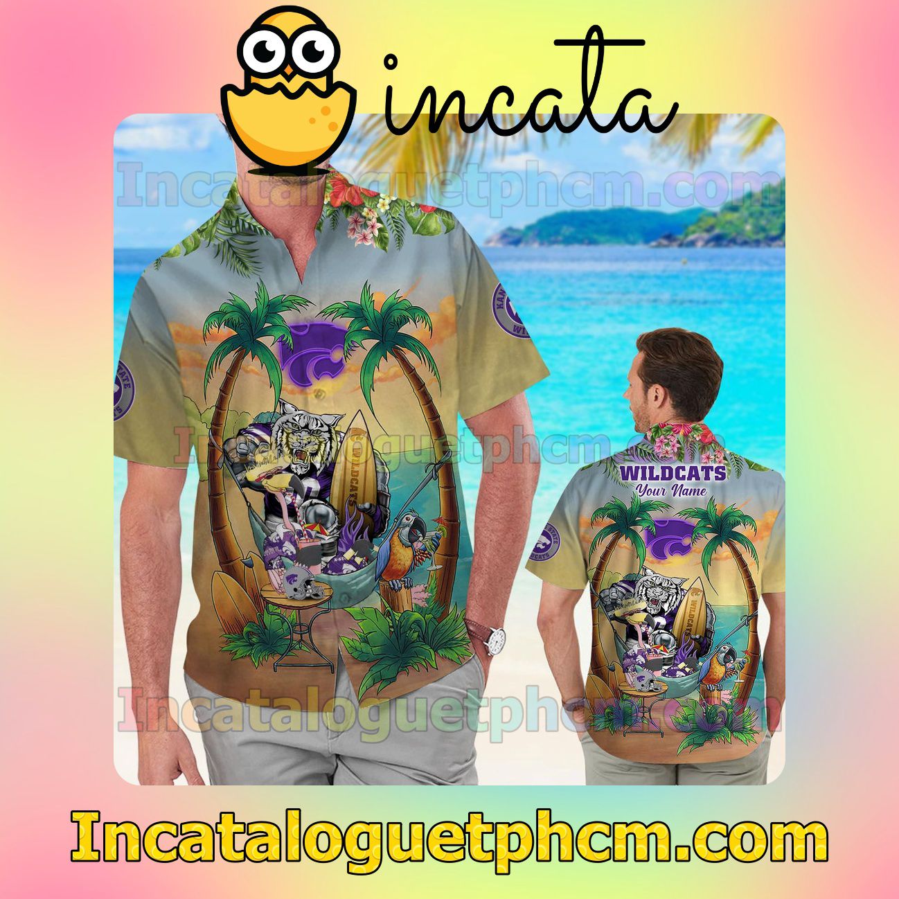 Personalized Kansas State Wildcats Flamingo Parrot Beach Vacation Shirt, Swim Shorts