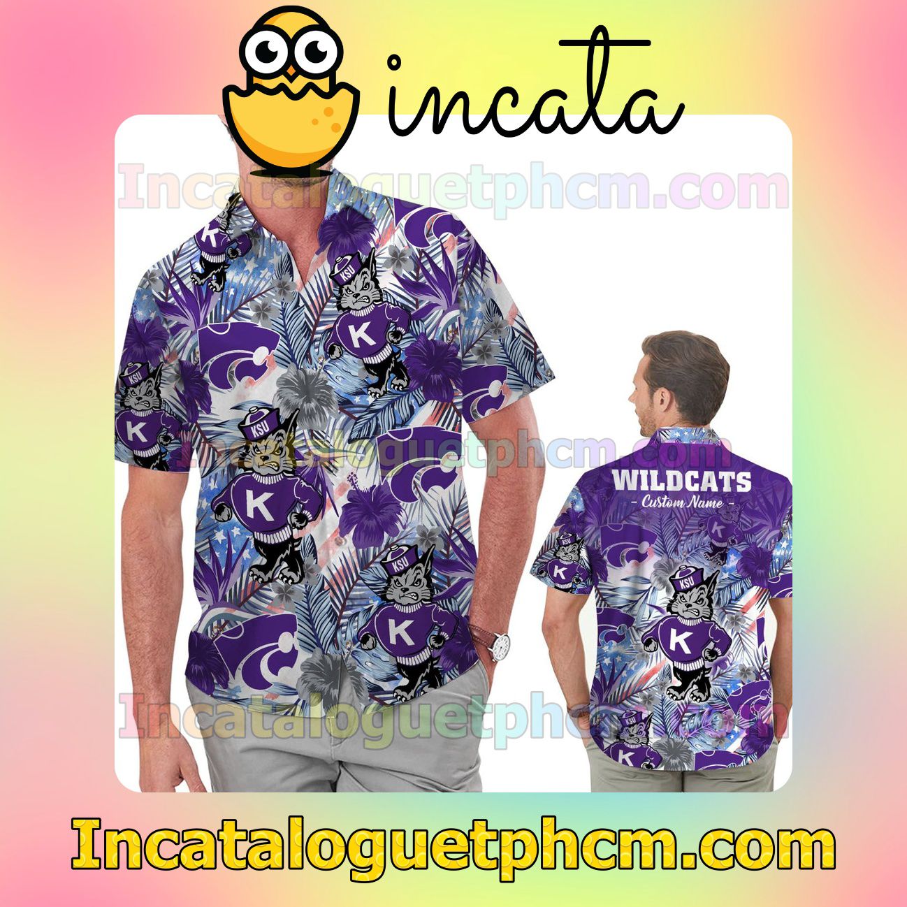 Personalized Kansas State Wildcats Tropical Floral America Flag For NCAA Football Lovers Beach Vacation Shirt, Swim Shorts