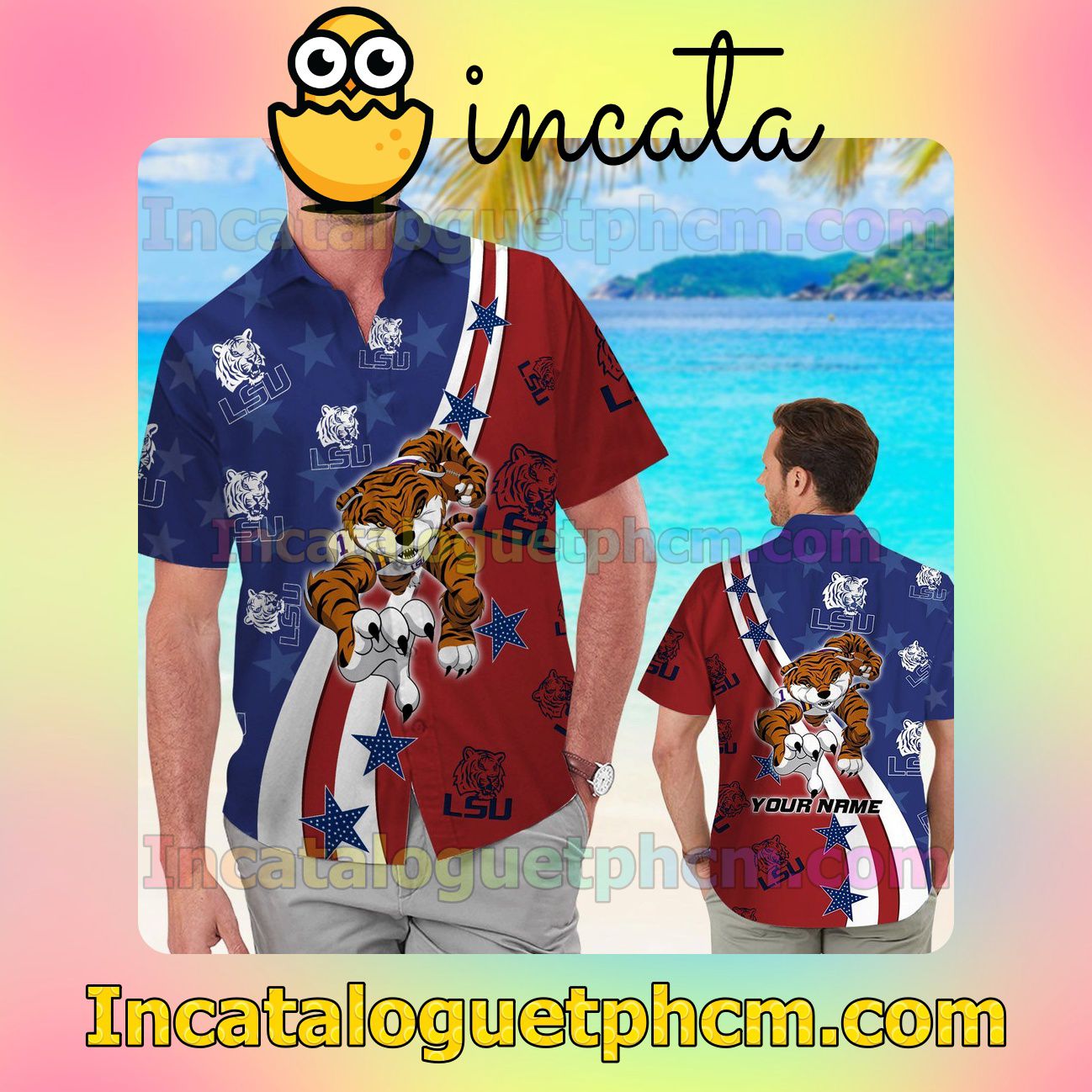 Personalized LSU Tigers American Flag Beach Vacation Shirt, Swim Shorts