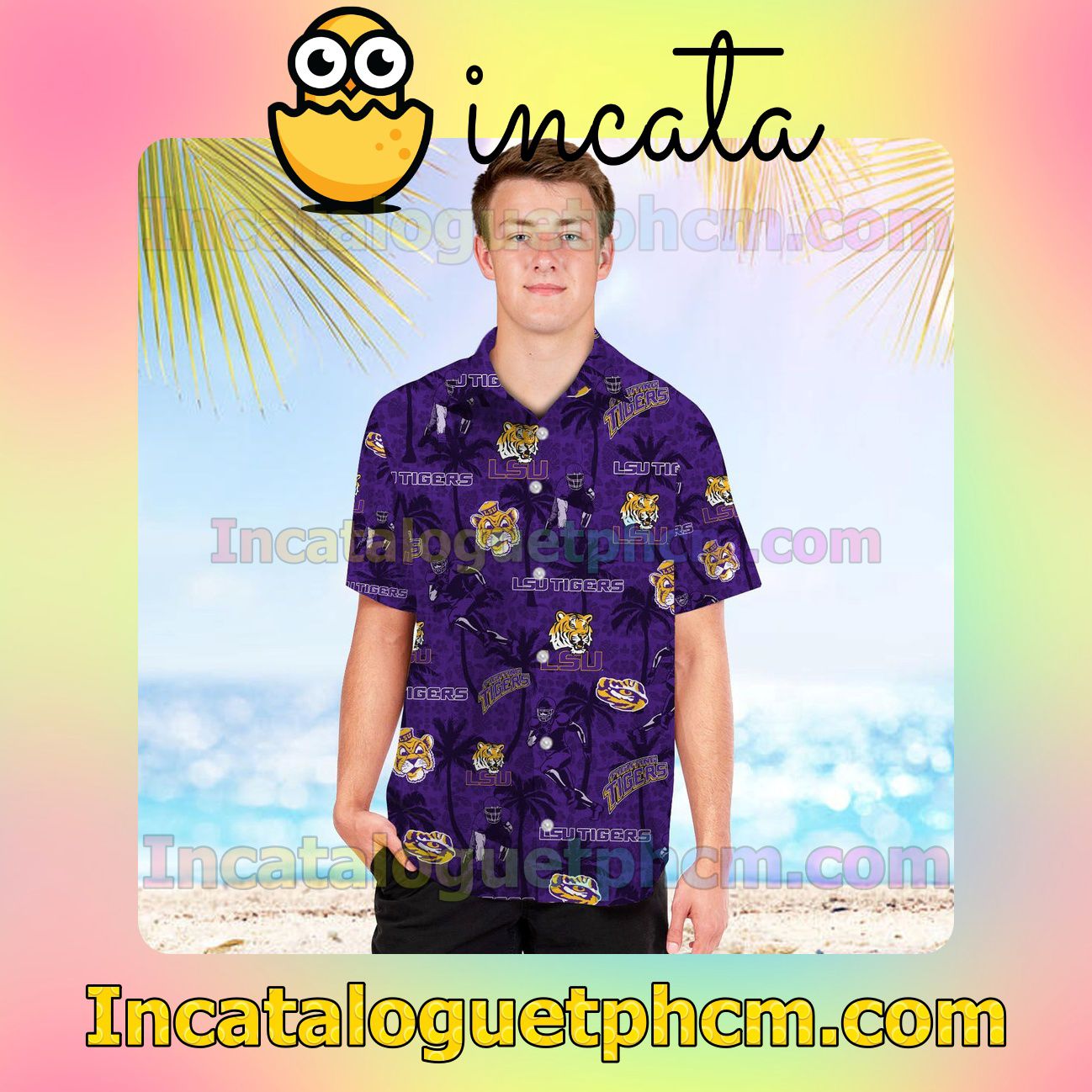 Personalized LSU Tigers Coconut Beach Vacation Shirt, Swim Shorts