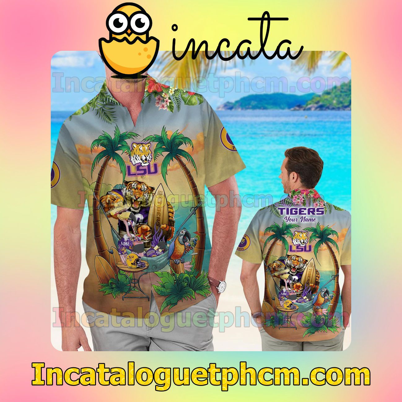 Personalized LSU Tigers Flamingo Parrot Beach Vacation Shirt, Swim Shorts