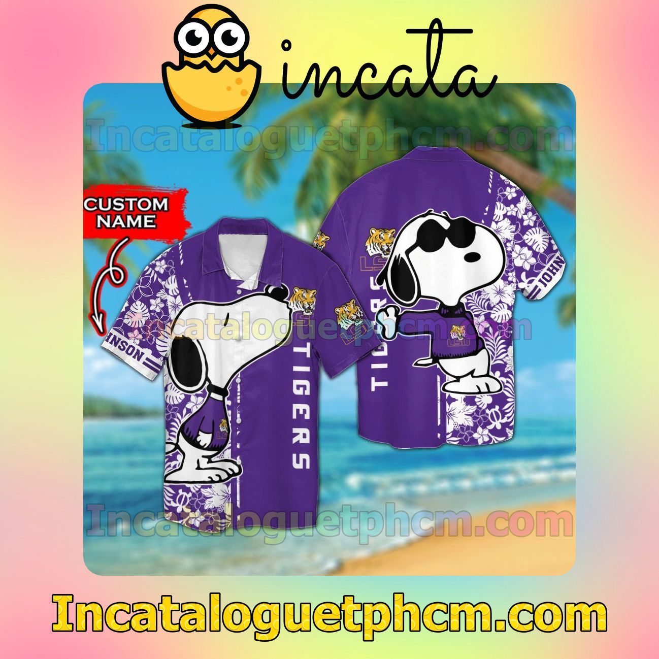 Personalized LSU Tigers & Snoopy Beach Vacation Shirt, Swim Shorts